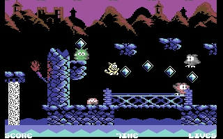 Eine pixelige Videospielszenen mit einem springenden Charakter. Es gibt Feinde und Edelsteine. Der Hintergrund zeigt Berge und eine Burg.