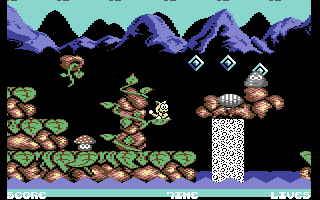 Ein Cartoon-Charakter klettert in einem pixeligen Spiel an einer Rebe hoch. Hintergrund: Berge, Diamanten und Plattformen.