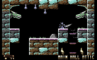 Eine pixelige Spielszene. Ein Ritter steht auf einer Plattform. Zwei Drachenköpfe rahmen die Szene ein.