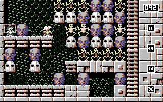 Eine pixelige Spielszene mit Totenköpfen, Skeletten und einer Figur auf einer Plattform. Ein Timer wird angezeigt.