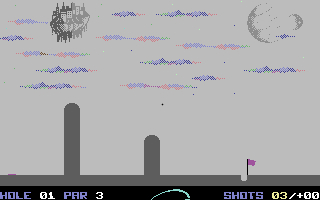 Eine pixelige Golfspielszene mit einer schwebenden Stadt, einem Mond und einem Golfloch mit Fahne.