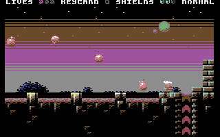 Eine verpixelte Videospielszenen. Eine Figur rennt nach rechts, Platforming. Schwimmende rosa Kugeln und ein lila Himmel im Hintergrund.
