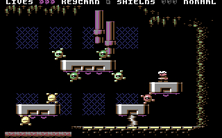 Eine pixelige Videospielszenen. Eine Figur steht auf einer Plattform, umgeben von Feinden. Der Hintergrund ist dunkel, mit Strukturen.