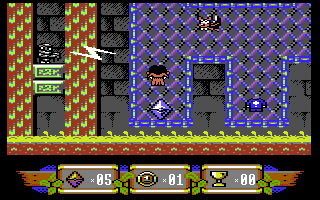 Eine verpixelte Videospielszene. Eine Figur steht in der Nähe eines Edelsteins. Andere Figuren befinden sich im Hintergrund.