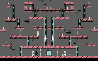Eine pixelige Spielszene mit Plattformen, Leitern und Figuren. Ein grüner Außerirdischer steht auf einer Plattform, andere Figuren klettern Leitern hinauf.