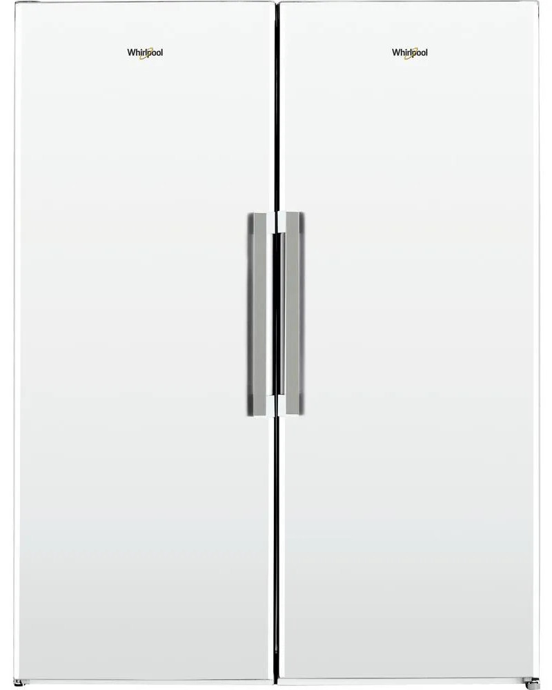 Biała lodówka Whirlpool z podwójnymi drzwiami i srebrnymi uchwytami. Nazwa marki widoczna u góry.