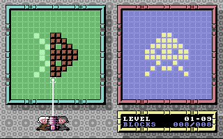 Zwei Spielbildschirme mit pixeligen Formen. Ein braunes 'D' und eine gelbe sternartige Form. Eine Levelanzeige zeigt '01-09'.