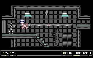 Eine pixelige Videospielszenen. Eine Figur schießt auf einen Roboter. Treppe und Leiter sind sichtbar.