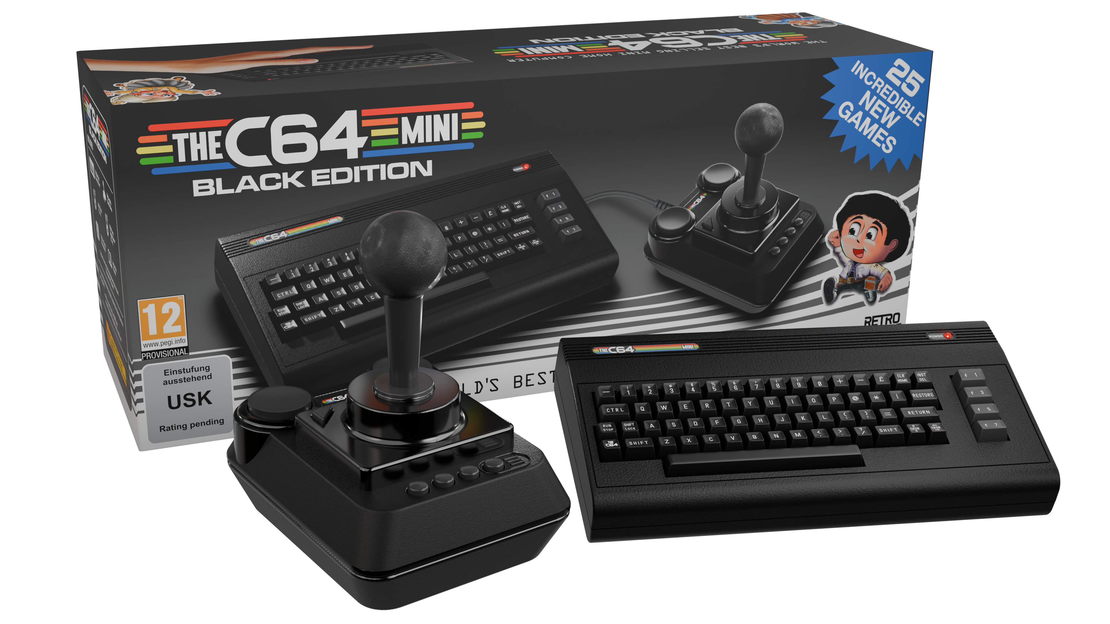 Das C64 Mini Black Edition-Box-Set mit Joystick, Konsole und Box-Art mit Retro-Ästhetik und Spielanzahl.