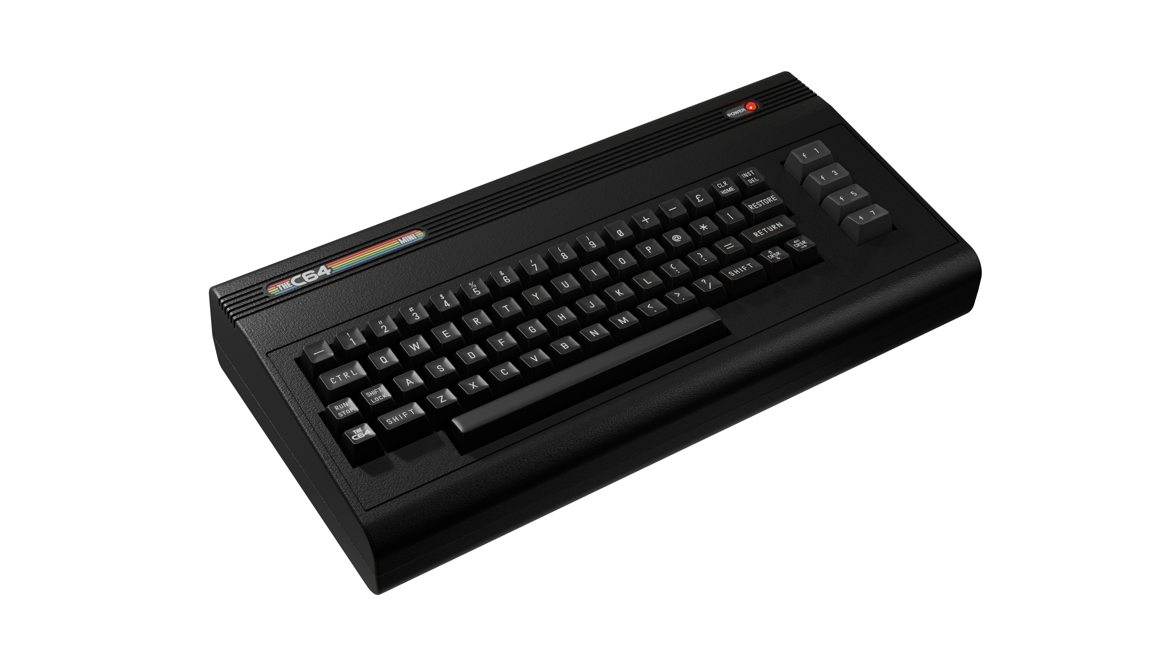 Eine schwarze Commodore 64 Mini-Tastatur. Die Tasten sind weiß mit schwarzen Buchstaben und Symbolen. Oben links befindet sich ein bunter Streifen.