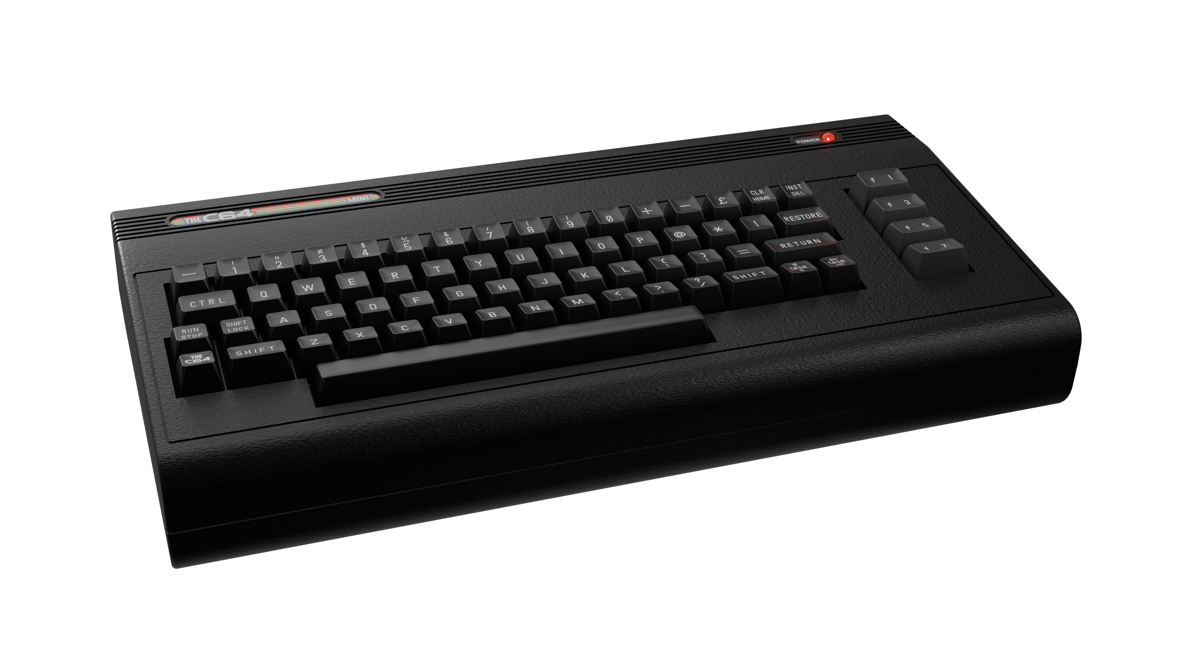 Eine schwarze Commodore C64 Mini-Tastatur. Tasten mit Buchstaben und Zahlen sind sichtbar, zusammen mit Funktionstasten und einem Power-Knopf.