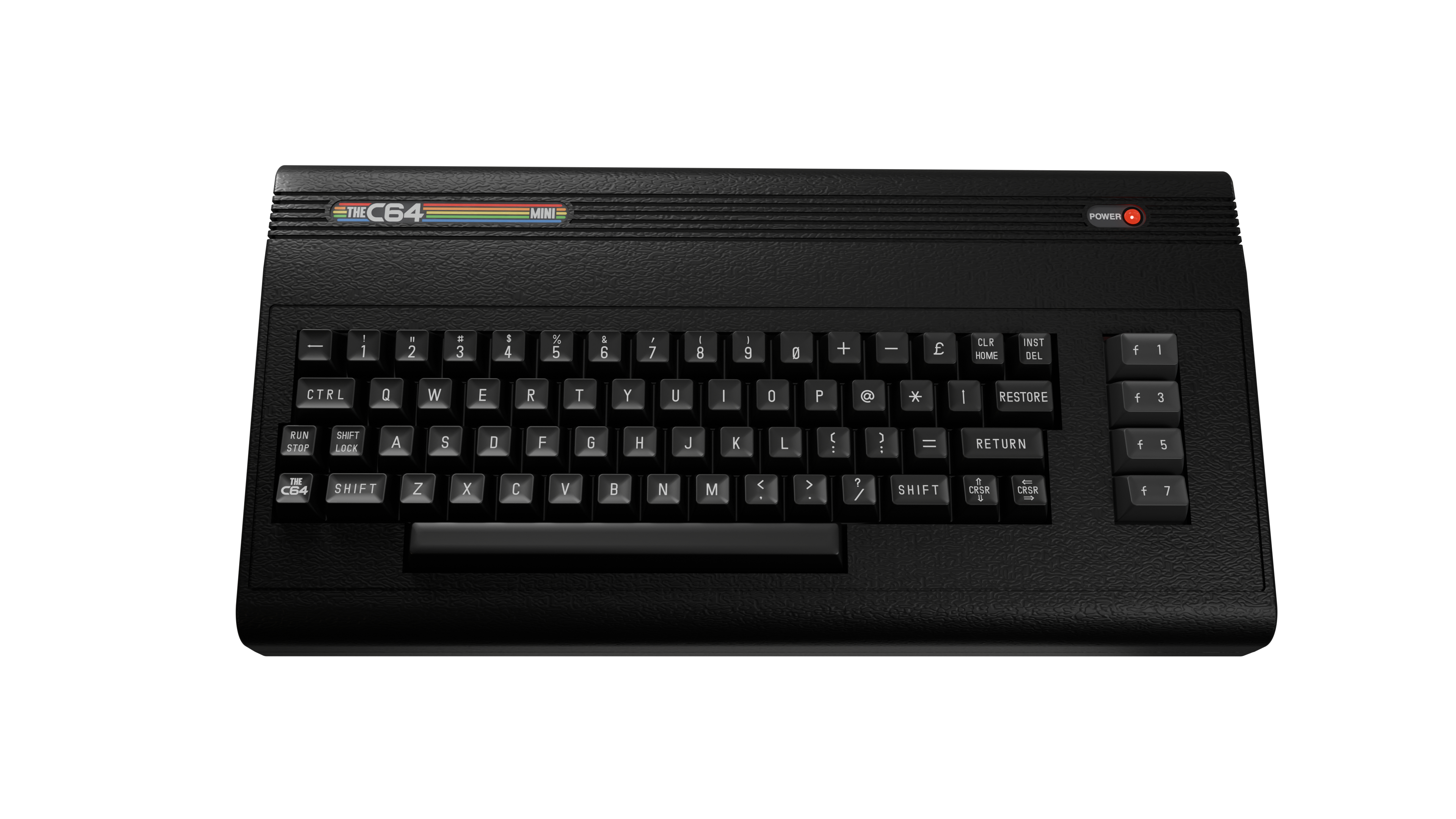 Schwarzer The C64 Mini Computer. Er hat eine Tastatur und Funktionstasten mit einer Betriebsanzeige.