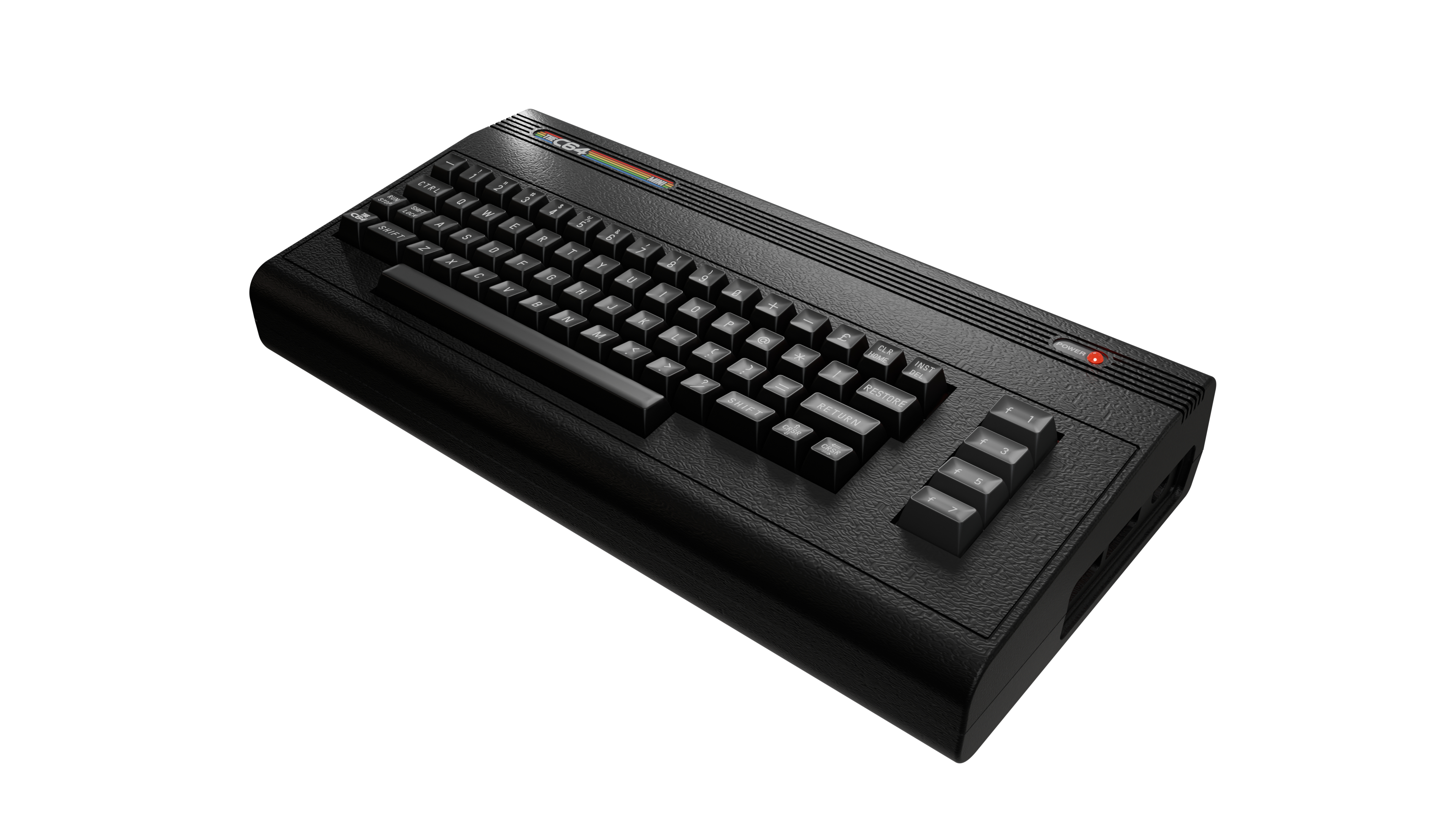 Ein schwarzer Commodore 64 Mini-Computer. Er hat eine Tastatur, beschriftete Tasten und eine Betriebsanzeige. Der Hintergrund ist weiß.