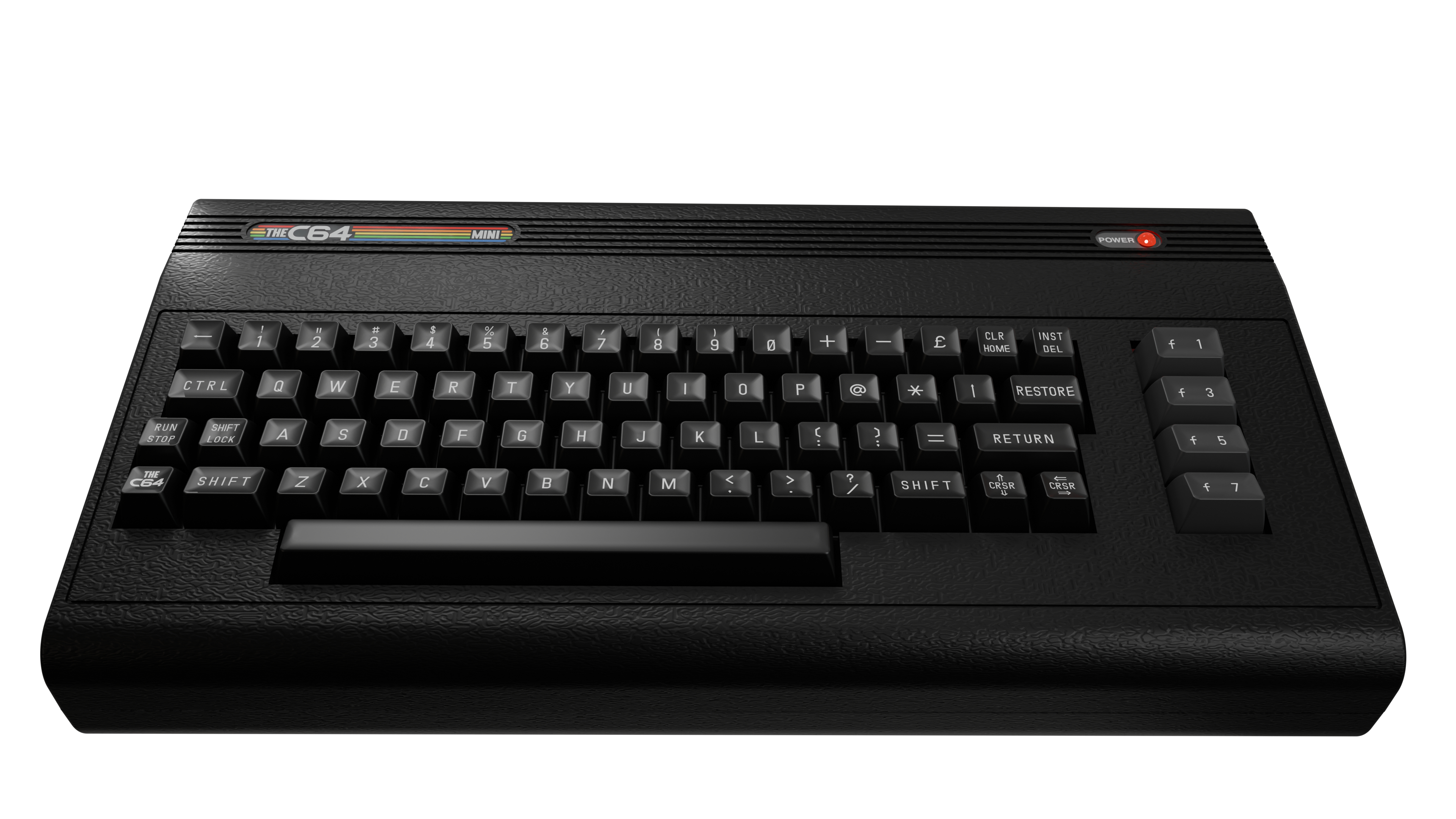 Schwarze C64 Mini-Computer-Tastatur mit Tasten und einer Power-Taste. Regenbogenstreifen über den Tasten.