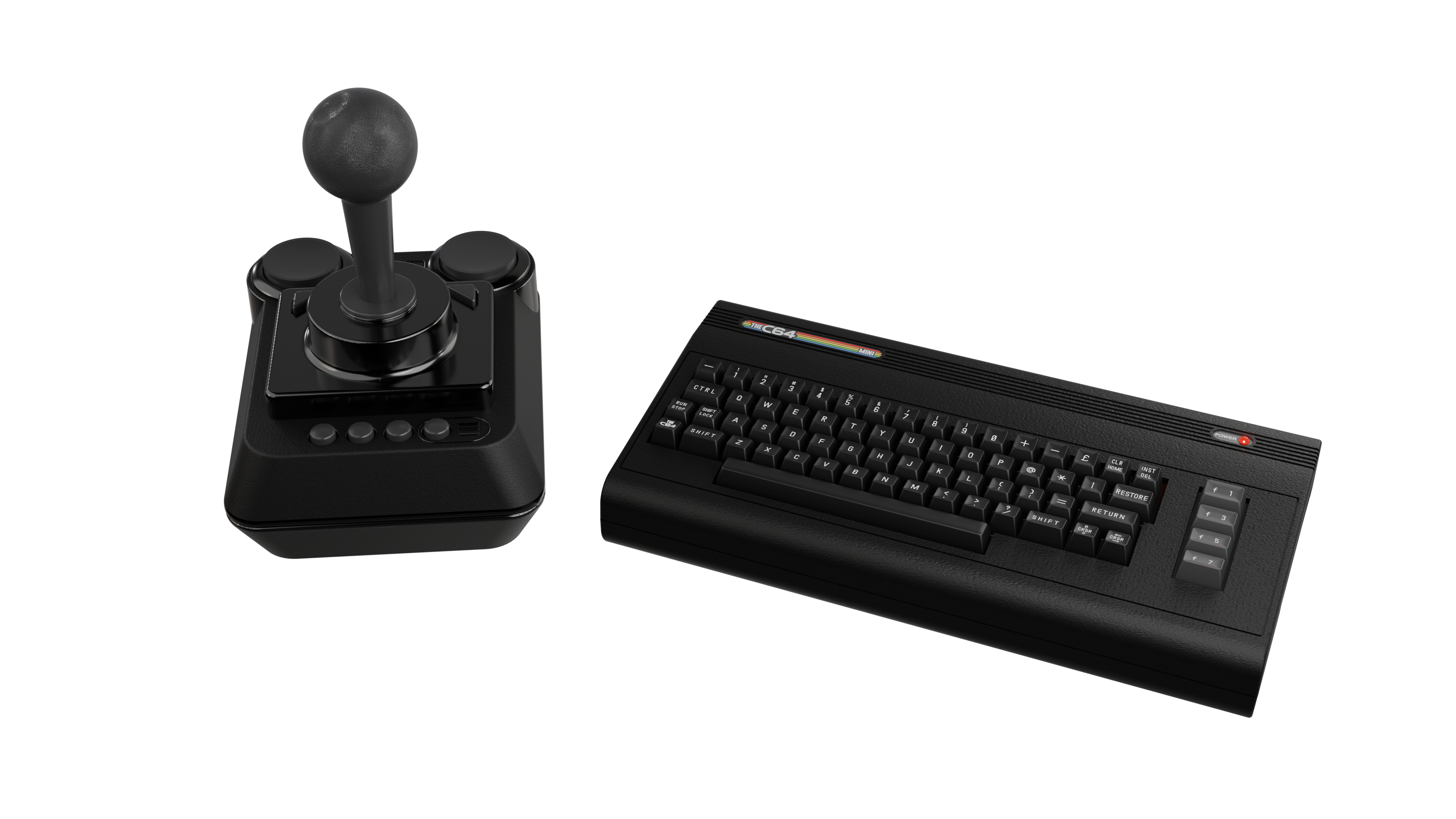 Ein schwarzer Joystick und eine schwarze C64-Tastatur auf weißem Hintergrund. Der Joystick hat einen Kugelgriff.