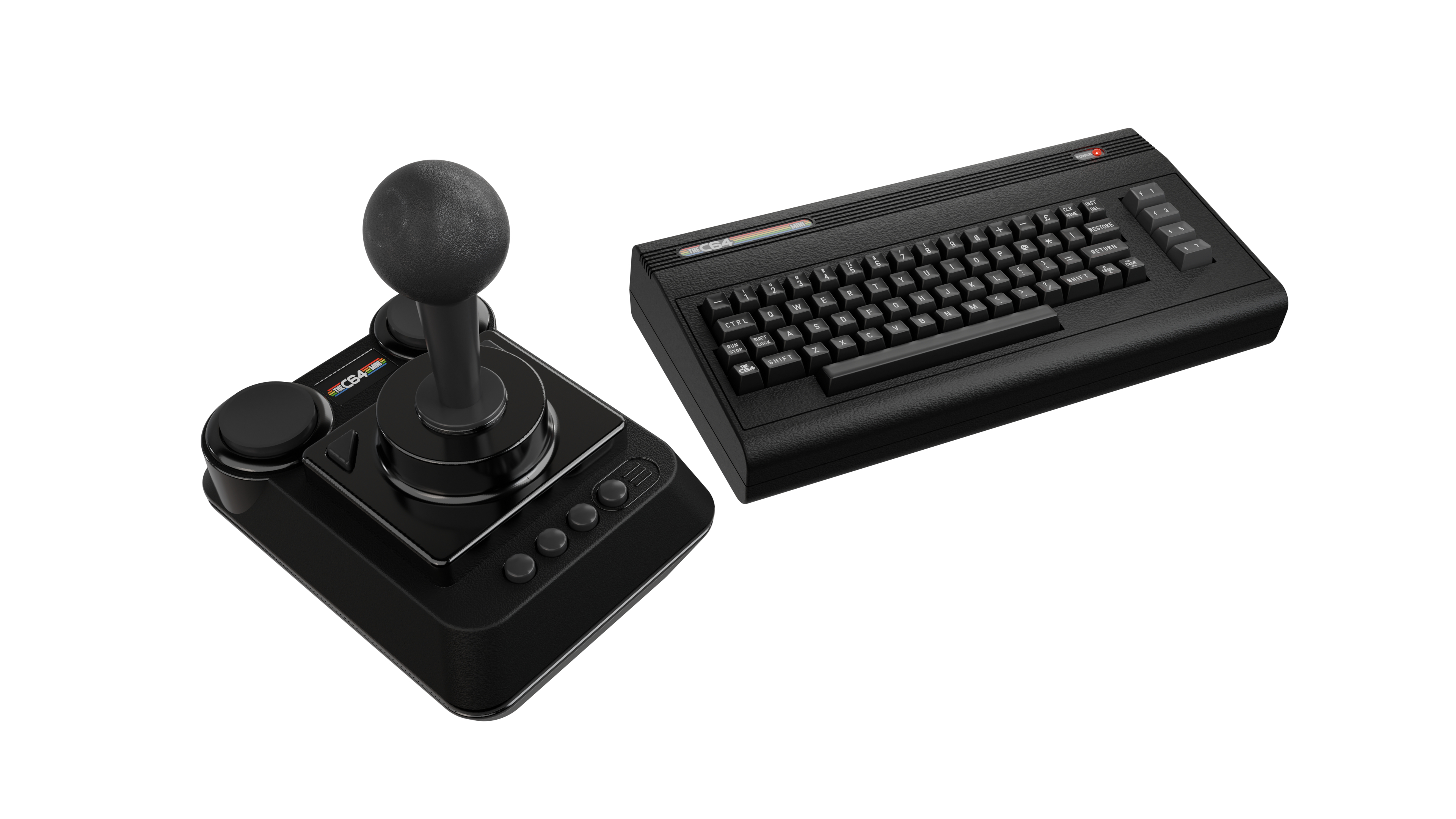Ein schwarzer Joystick und eine Tastatur. Die Tastatur hat Tasten mit Buchstaben und Zahlen. Beide stehen auf weißem Grund.