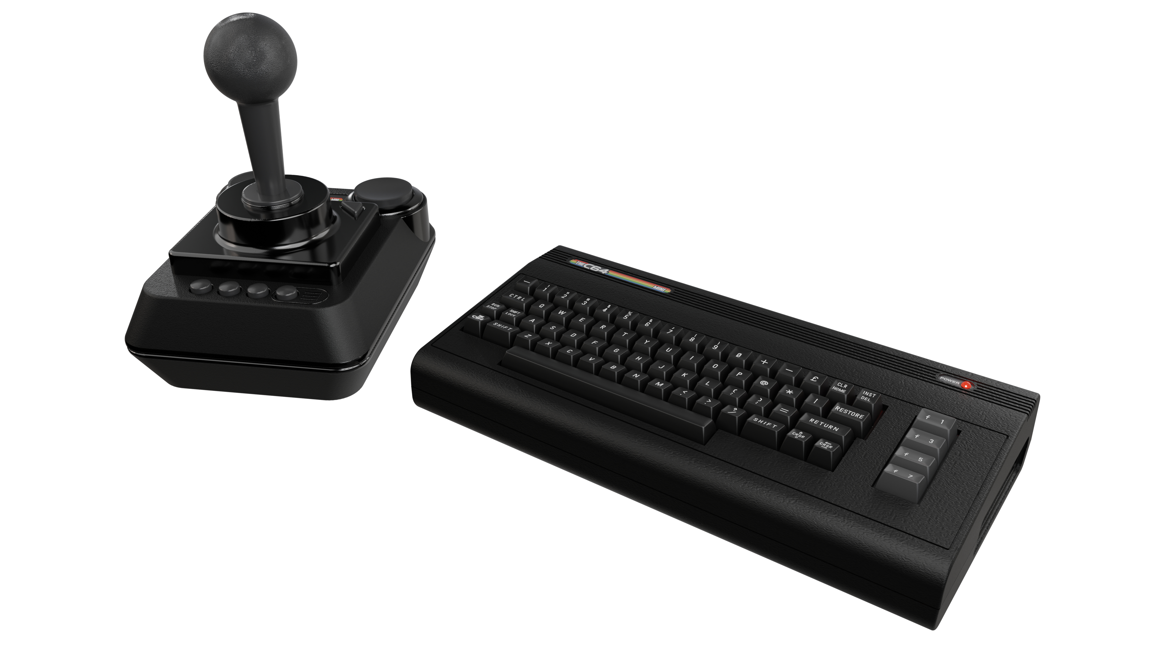 Ein schwarzer Joystick und eine Tastatur auf weißem Hintergrund. Die Tastatur hat ein Logo in Regenbogenfarben und Funktionstasten.
