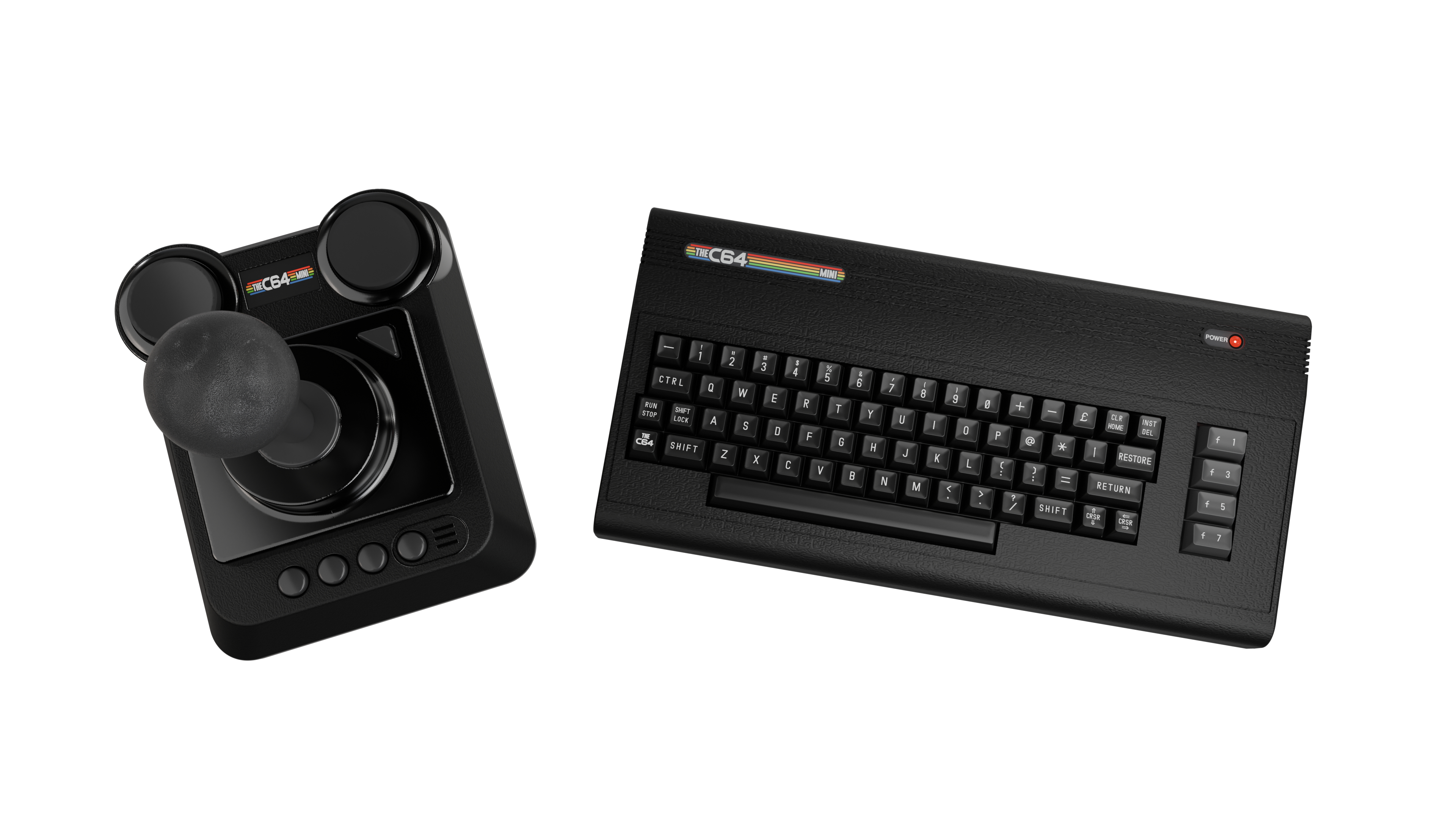 Eine schwarze C64 Mini-Tastatur und ein Joystick auf weißem Hintergrund. Die Tastatur hat weiße Tasten, der Joystick eine schwarze Kugel.