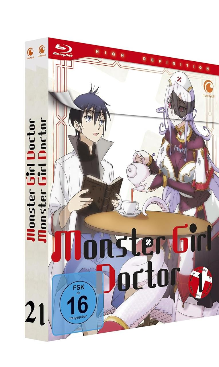 Anime-DVD-Box. Zwei Anime-Charaktere sitzen an einem Tisch. Einer liest ein Buch, der andere gießt Tee ein. Auf der Box steht der Titel Monster Girl Doctor.