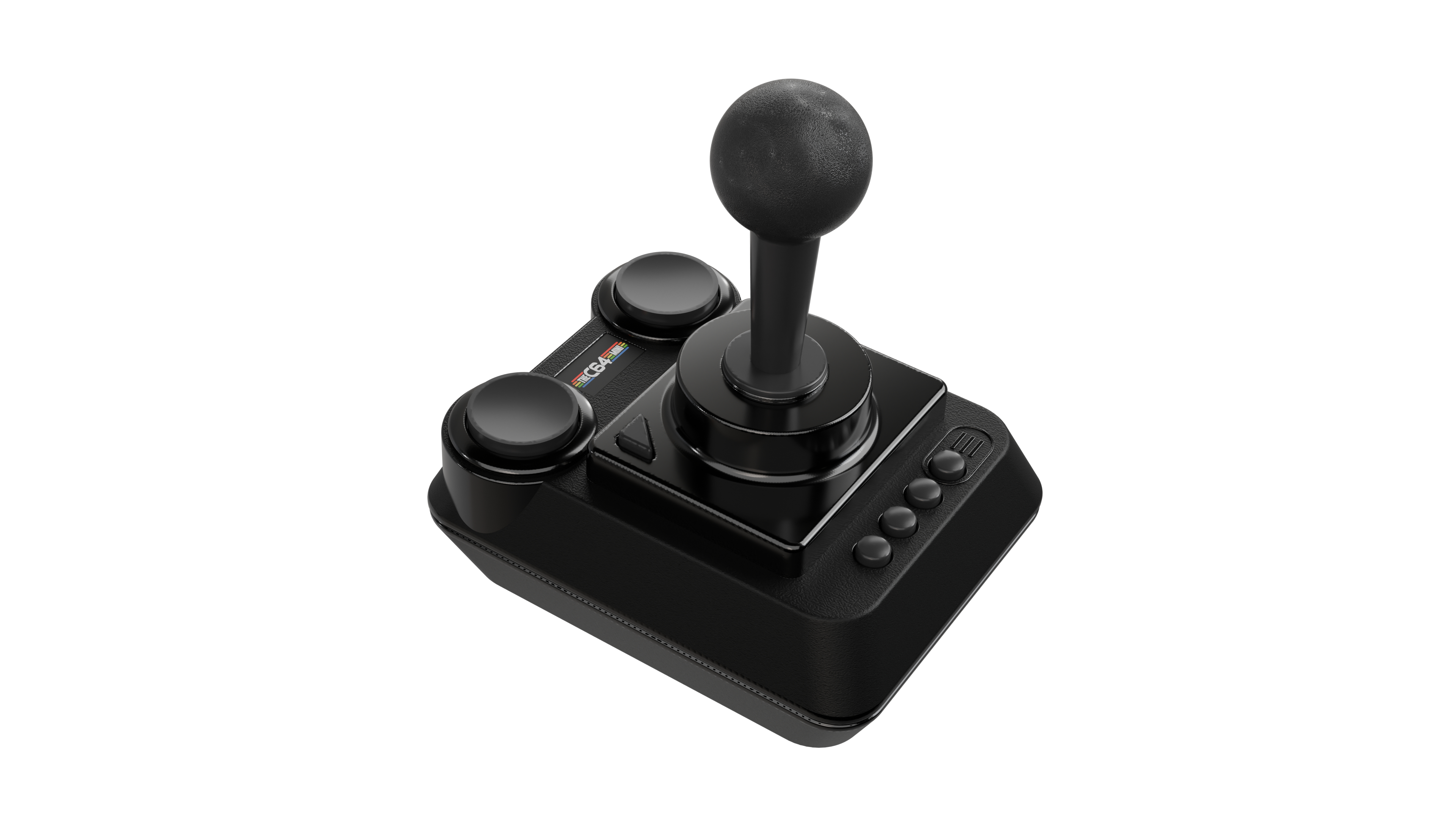 Ein schwarzer Joystick auf weißem Hintergrund. Er hat eine kugelförmige Oberseite, Knöpfe und eine Basis mit dem C64-Logo.