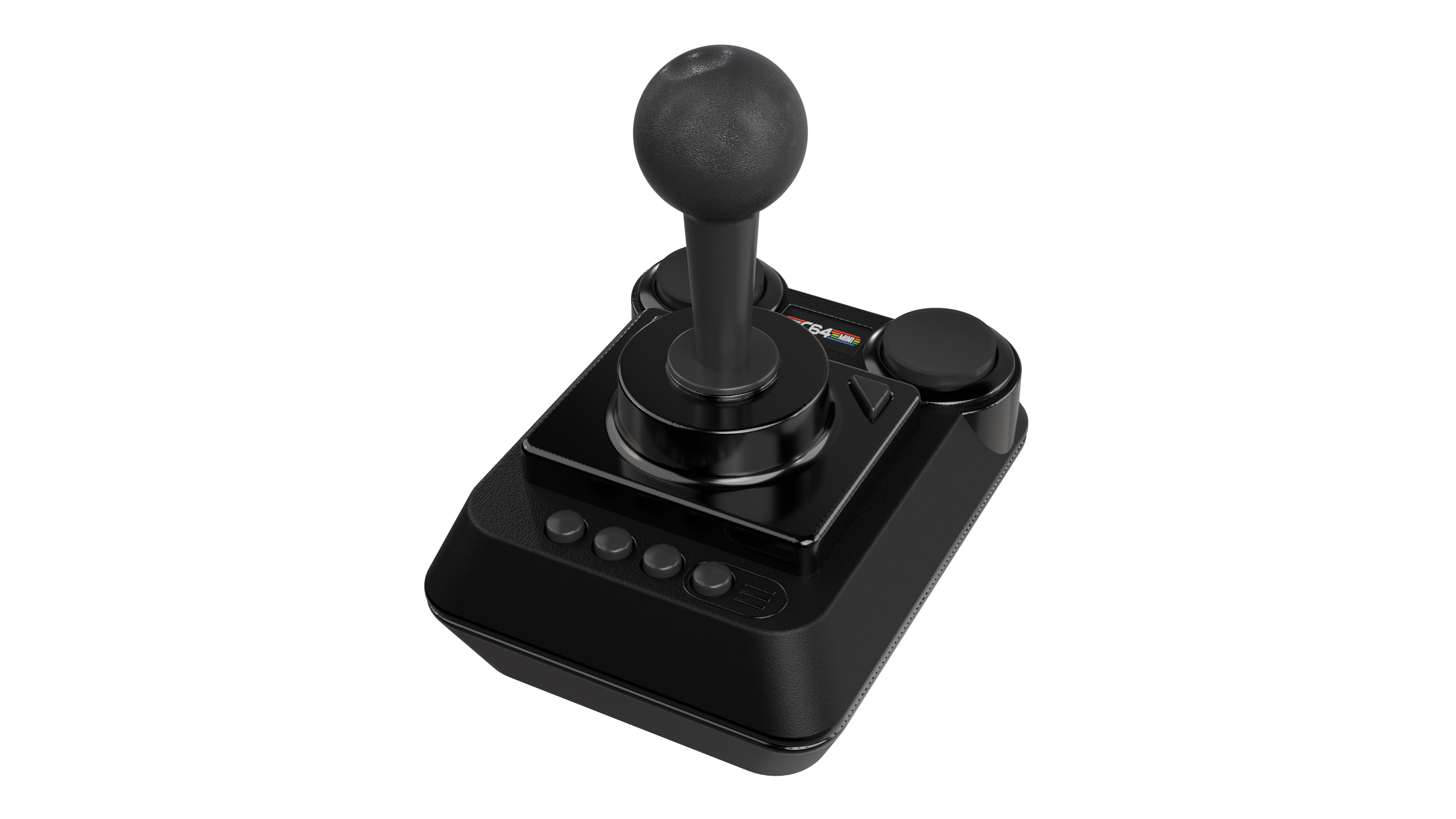Ein schwarzer Joystick mit rundem Griff und Knöpfen auf einer Basis, vor weißem Hintergrund.