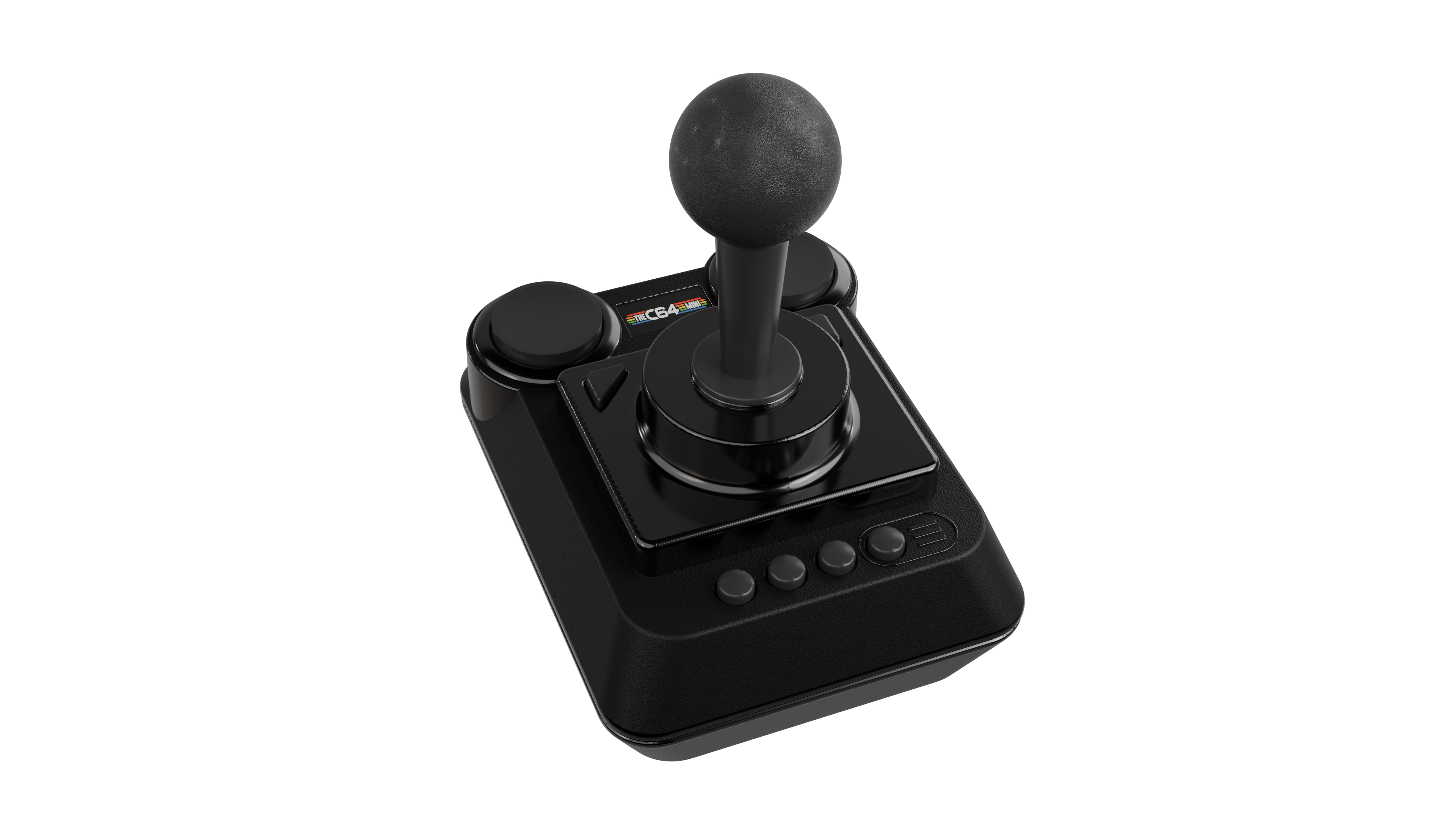 Schwarzer Joystick auf weißem Hintergrund. Verfügt über einen Knaufgriff, Knöpfe und eine Basis.