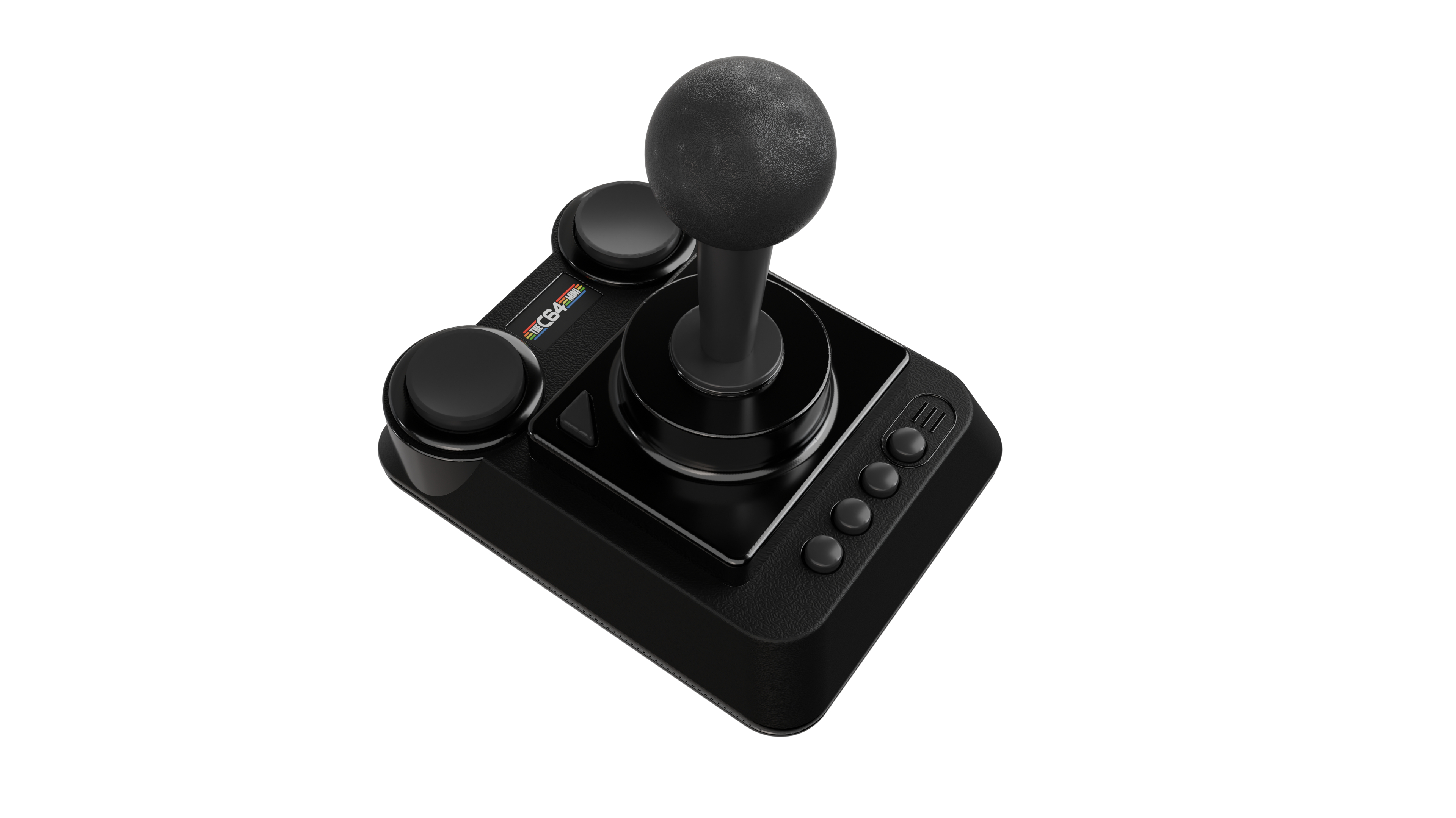 Schwarzer Joystick-Controller mit kugelrundem Oberteil, zwei Seitentasten, vier vorderen Tasten und einem Sockel mit C64-Logo.