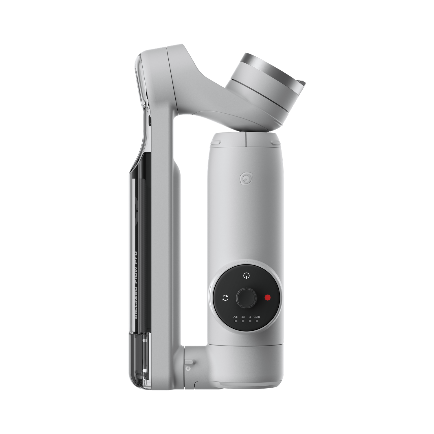 Een witte Insta360 Flow Pro smartphone stabilizer op een zwarte achtergrond. Het heeft knoppen, een aan/uit-lampje en het Insta360 logo.