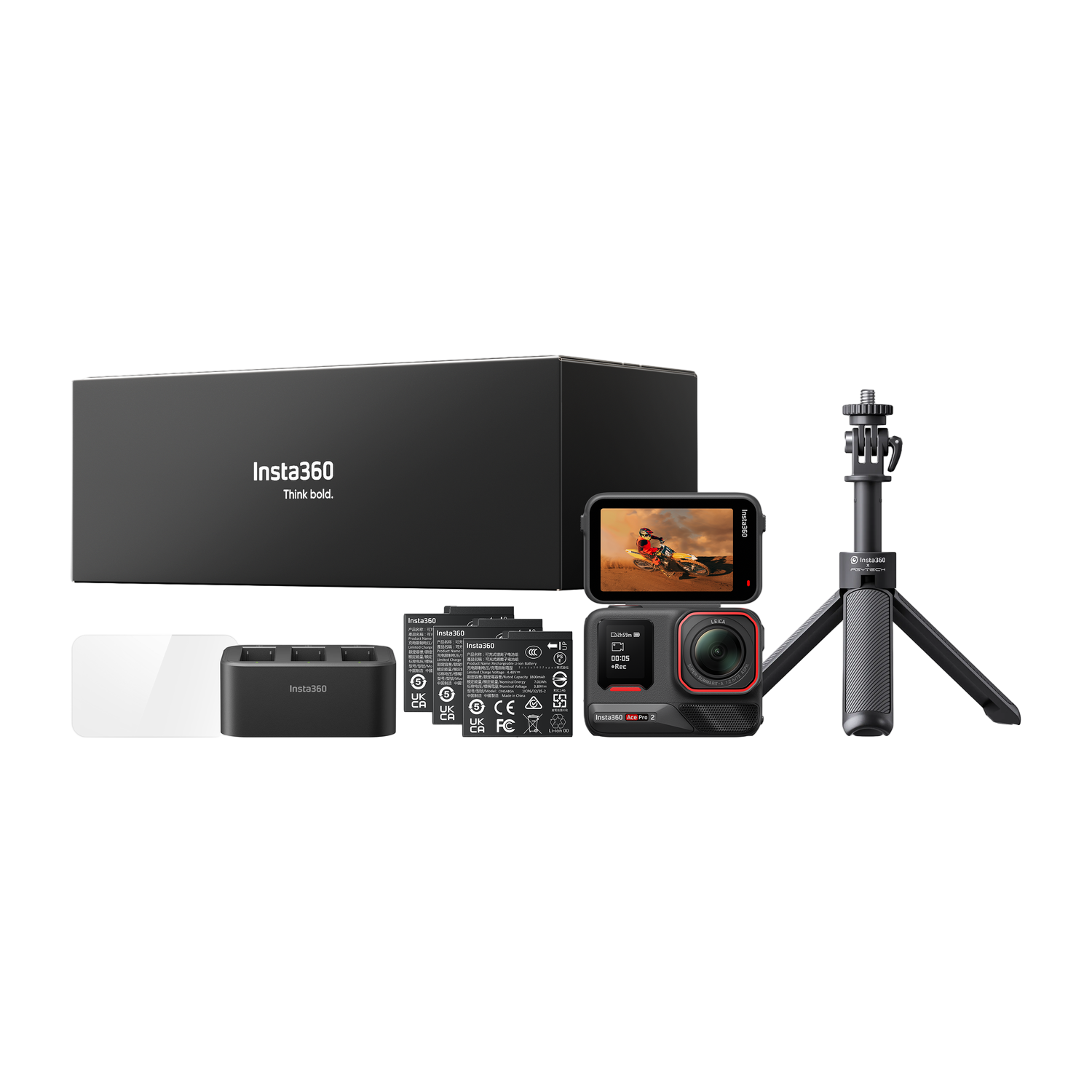 Een Insta360-camerapakket. Inclusief camera, statief, batterijen, oplader en een doos, alles op zwarte achtergrond.