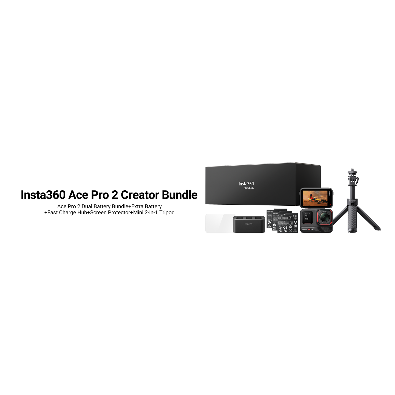 Insta360 Ace Pro 2 Creator Bundle met camera, batterijen, oplader, schermbeschermer en statief op witte achtergrond.