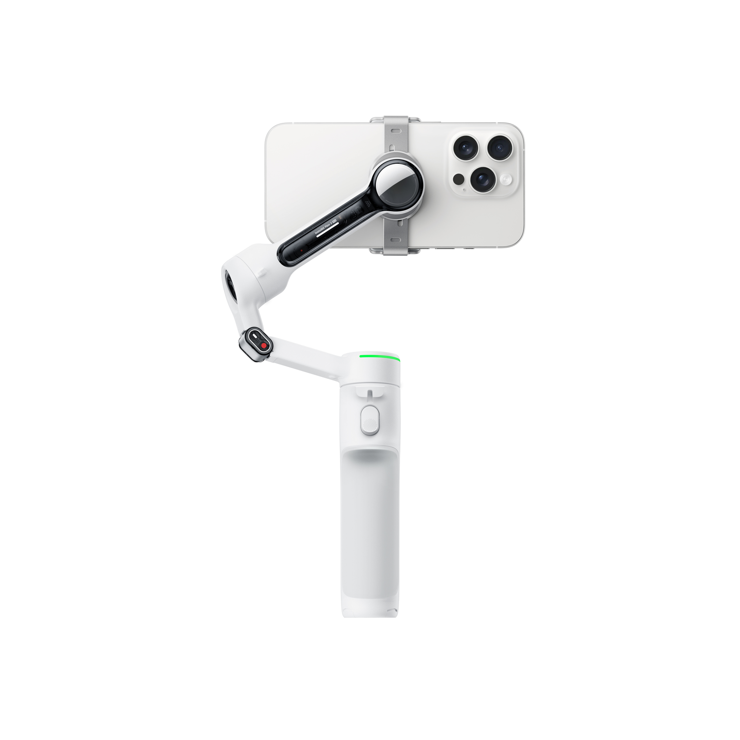 Een witte telefoon is gemonteerd op een witte stabilisator. De telefoon heeft drie camera's aan de achterkant. De stabilisator heeft een handvat en een scharnierende arm.