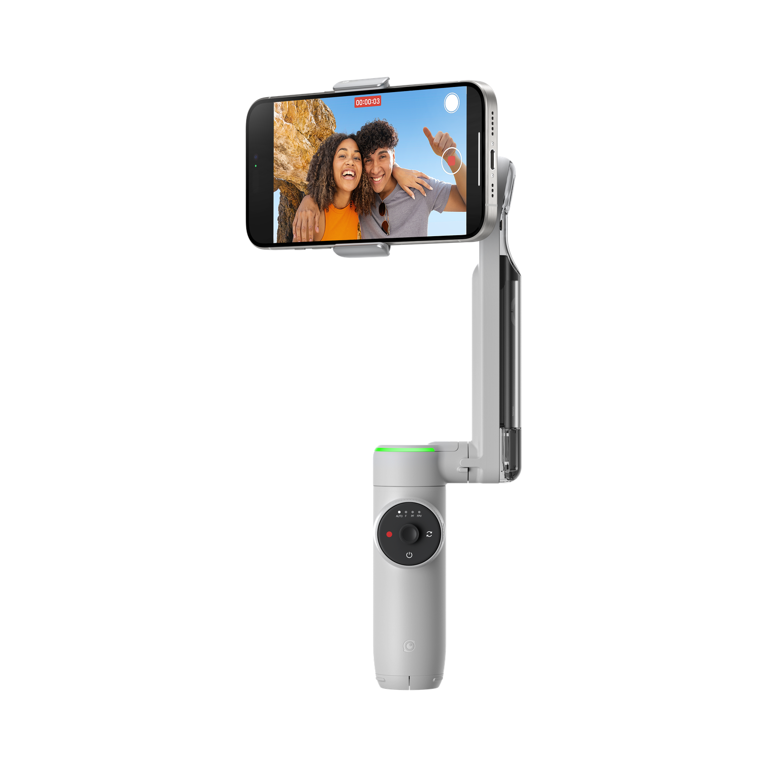 Een witte telefoonstabilisator met een telefoon waarop twee lachende mensen te zien zijn. De telefoon neemt op. Zwarte achtergrond.