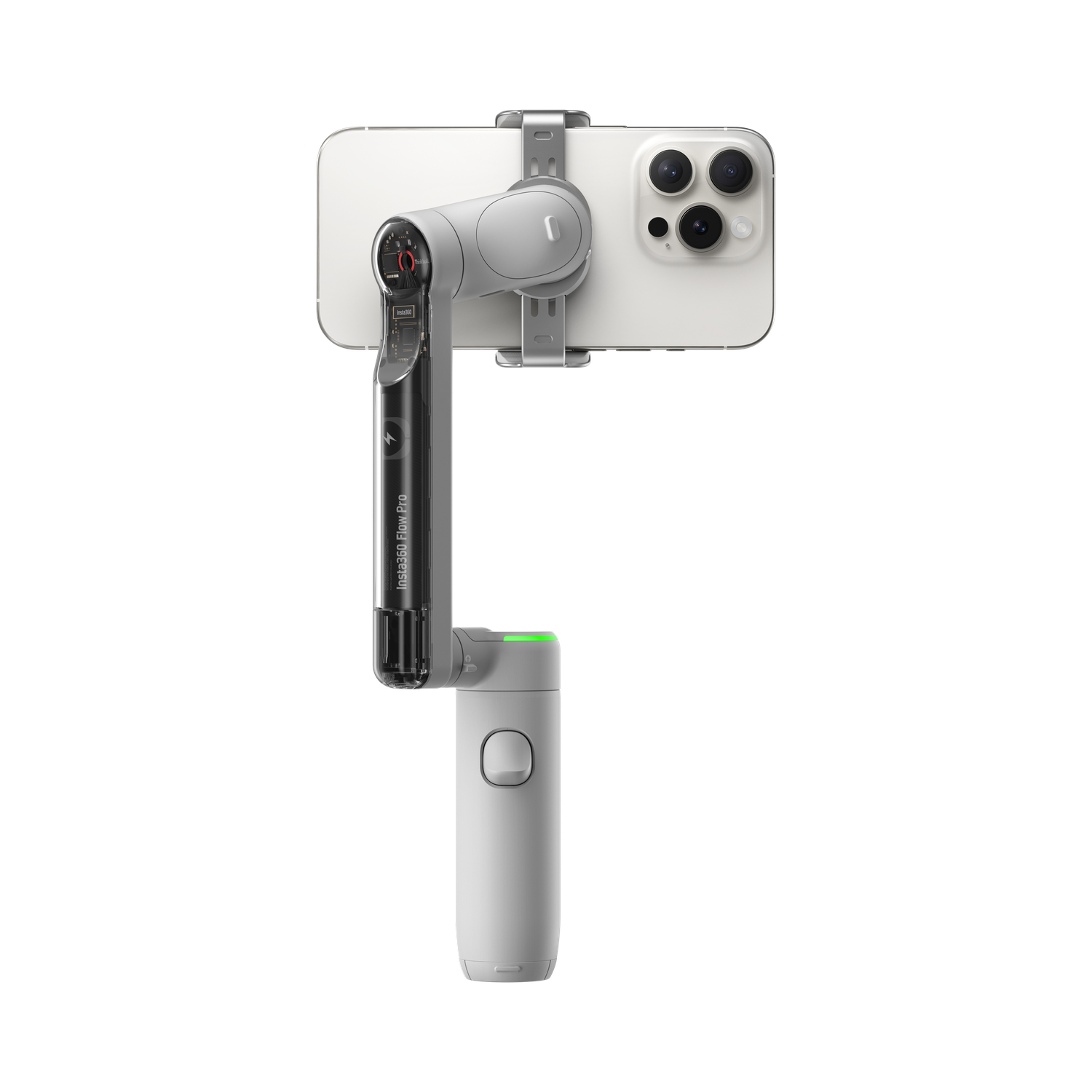 Een witte smartphone is gemonteerd op een grijze Insta360 Flow Pro stabilisator. De achtergrond is effen zwart.