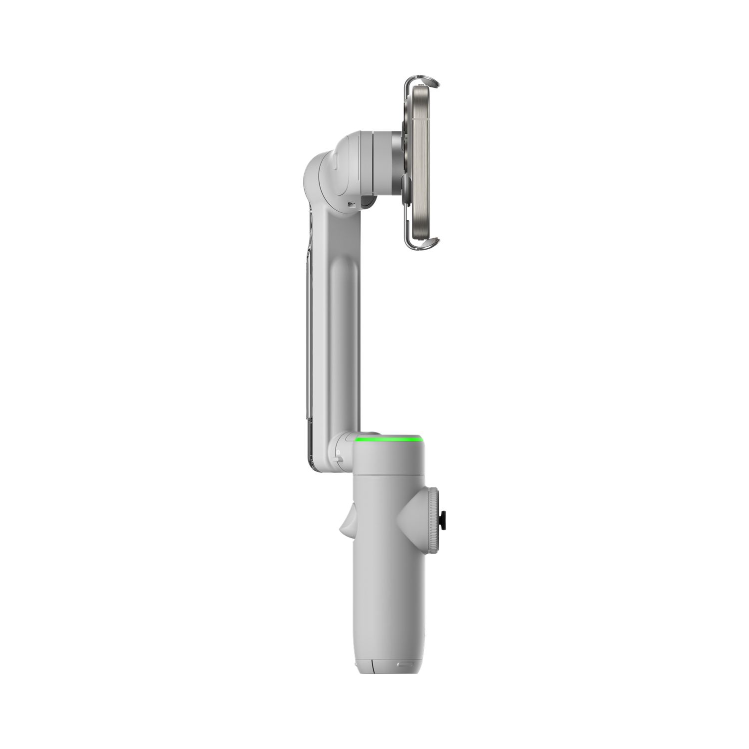 Een witte smartphone stabilizer wordt getoond tegen een zwarte achtergrond. Het heeft een telefoonhouder, een handvat en een groen licht.