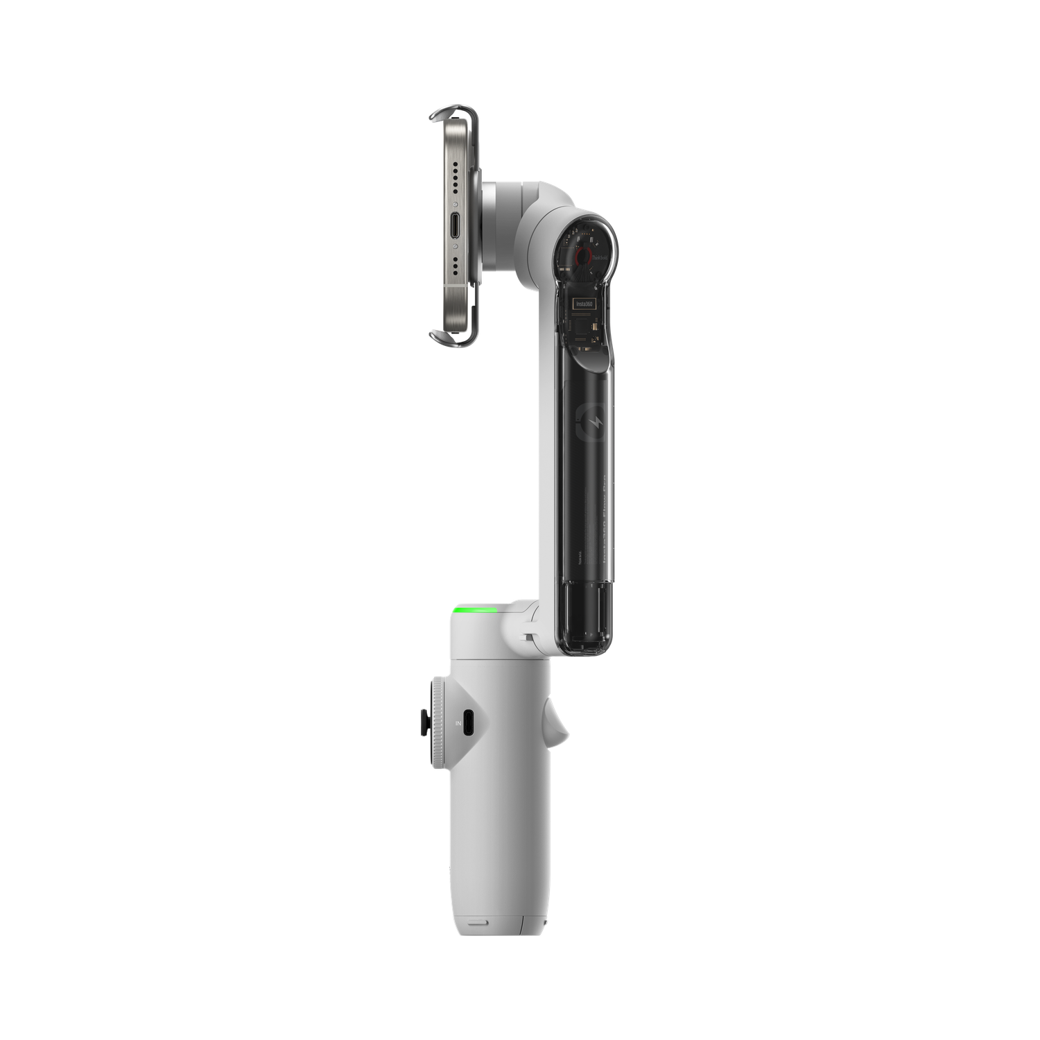 Een witte telefoonstabilisator met een aangesloten telefoon wordt getoond tegen een zwarte achtergrond. Het heeft een handvat en een transparant gedeelte.