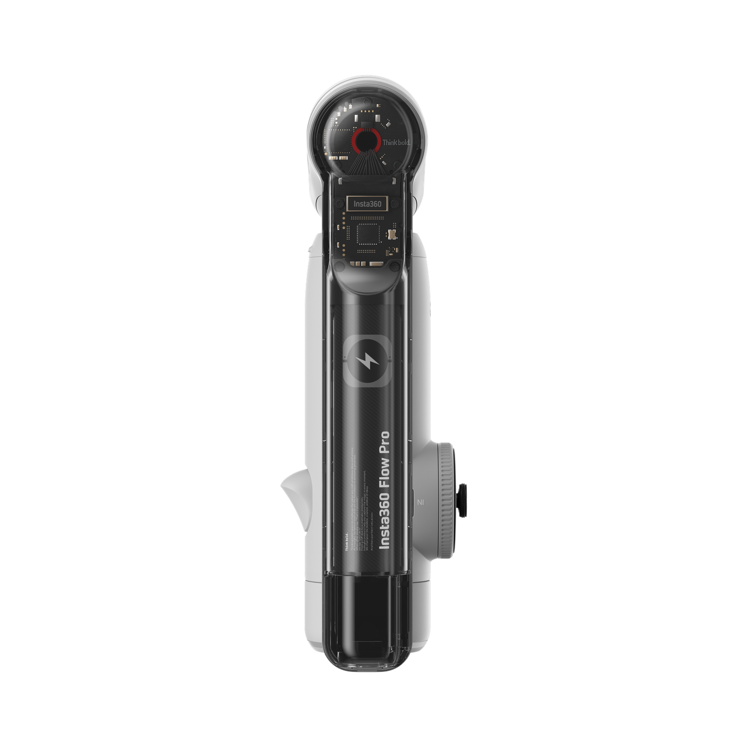 Insta360 Flow Pro. Wit en transparant apparaat met zichtbare interne circuits. Beschikt over een aan/uit-knop en een draaibare grip.