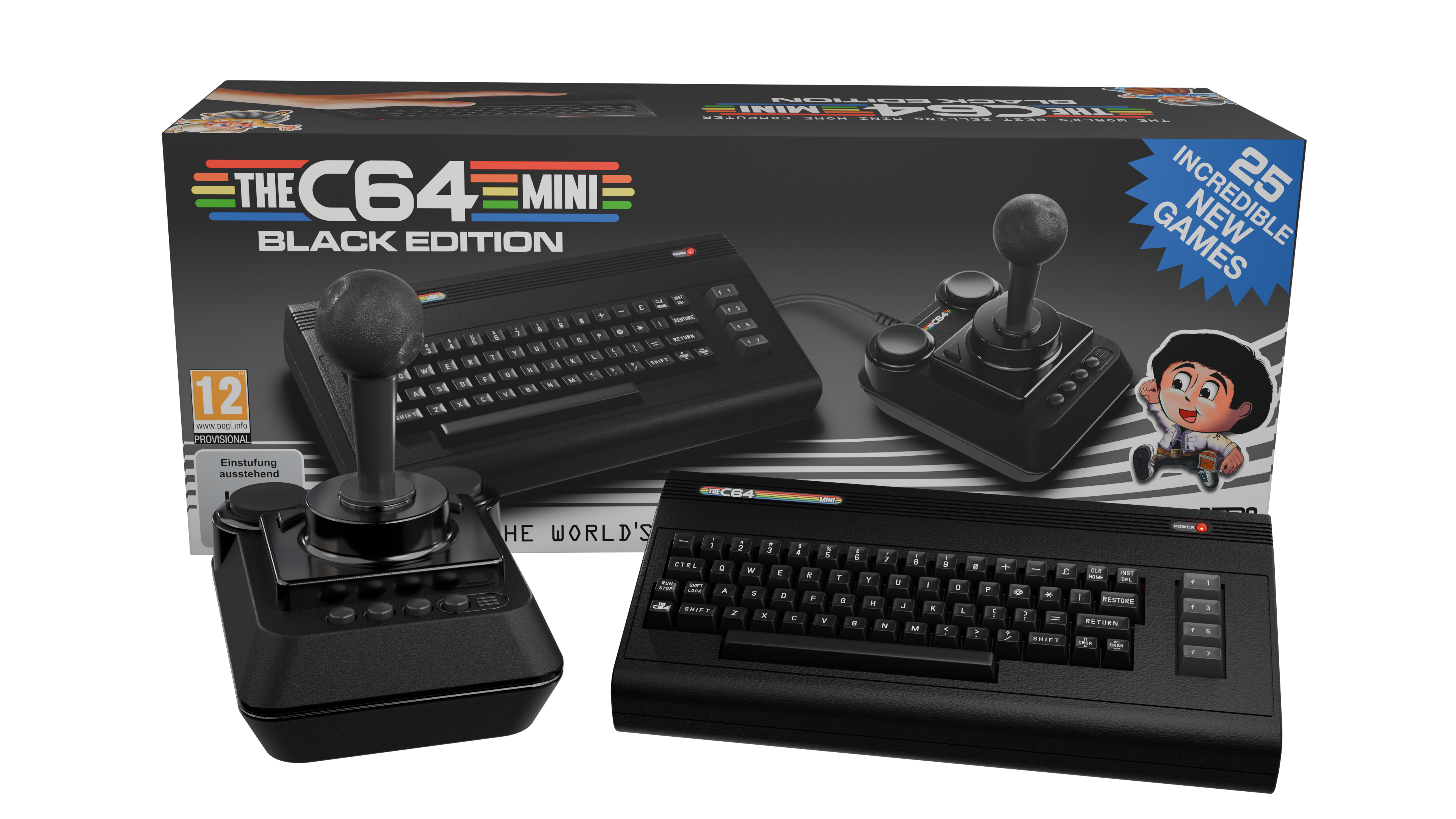 Das Bild zeigt die C64 Mini Black Edition mit Joystick und Tastatur. Es enthält auch die Spielbox.