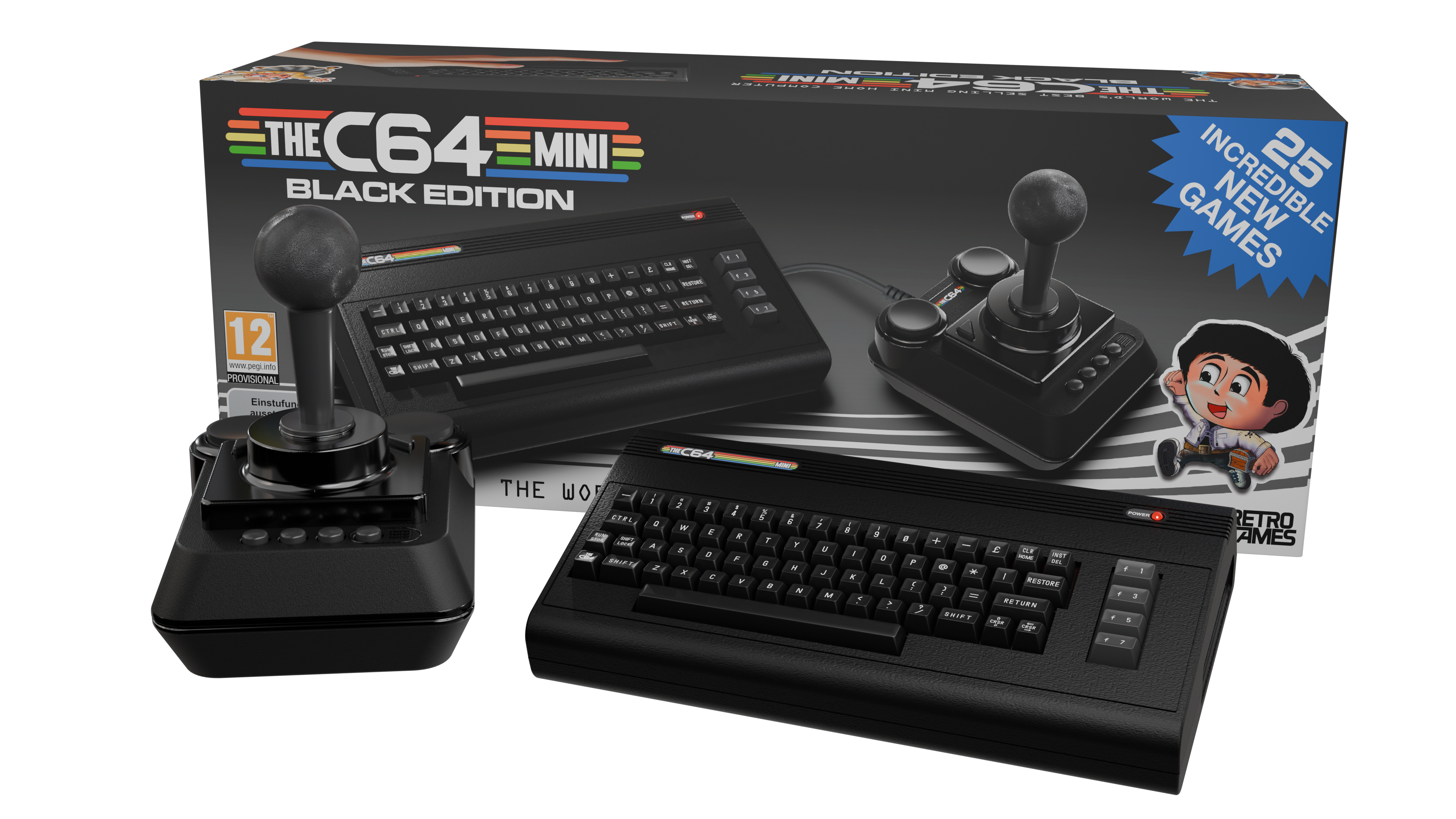 Schwarze C64 Mini Konsole, zwei Joysticks und Verpackung. Die Box zeigt einen Cartoon-Jungen und den Text "25 Incredible New Games".