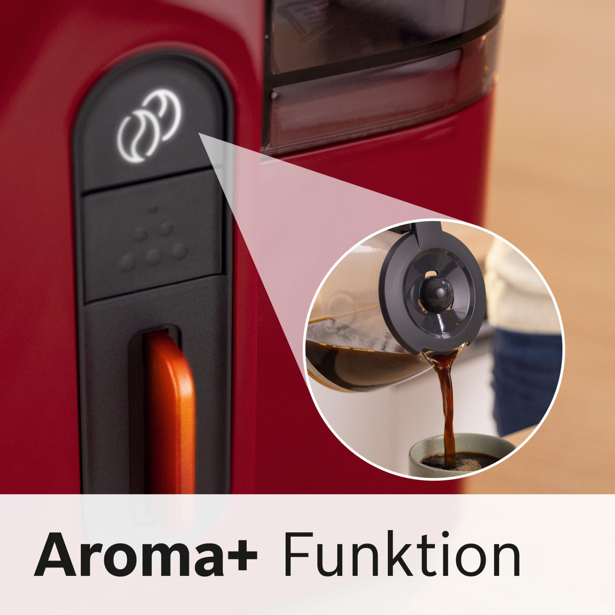 Eine rote Kaffeemaschine mit beleuchtetem Knopf gießt Kaffee in eine Tasse. Text 'Aroma+ Funktion' steht unten.