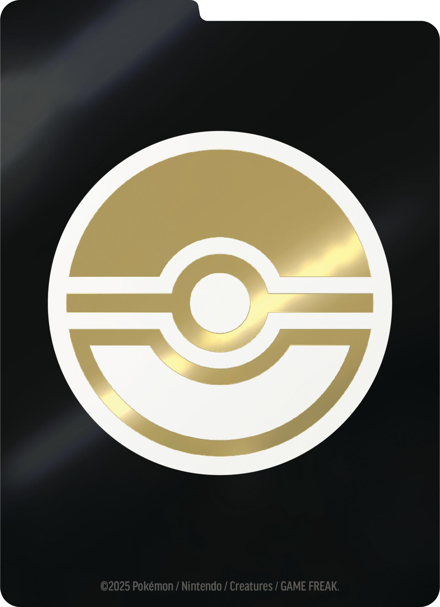 Eine schwarze Karte mit einem weißen und goldenen kreisförmigen Logo. Das Logo ist ein in Abschnitte unterteilter Kreis mit einem kleineren Kreis in der Mitte.