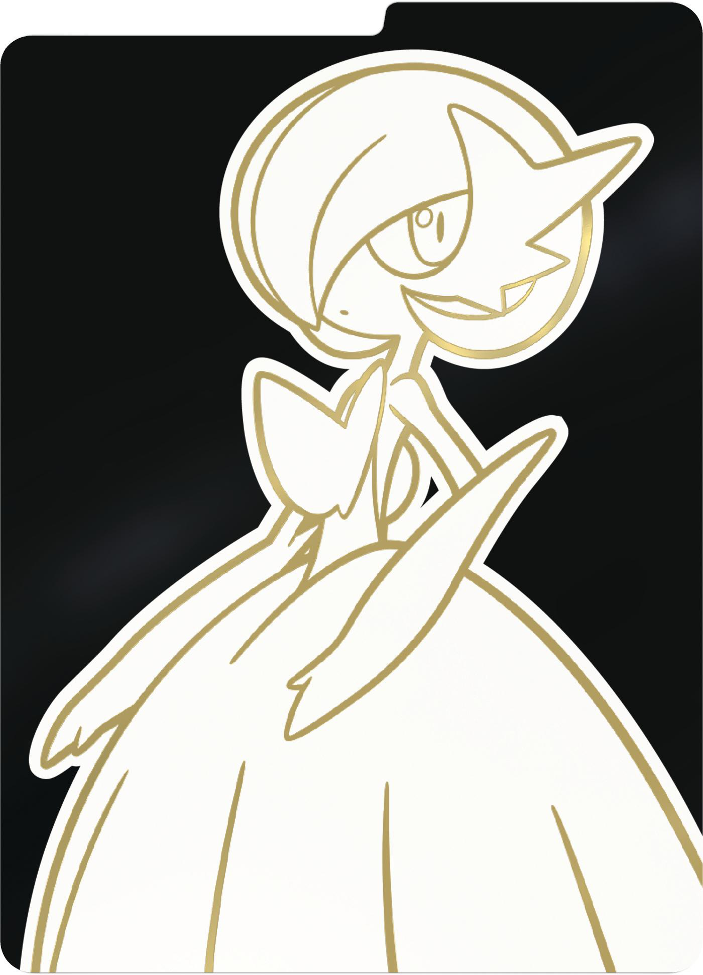 Weißer Gardevoir-Umriss auf schwarzem Hintergrund. Die Figur hat einen Kopfschmuck, ein Kleid und eine Schleife. Goldene Umrisse.