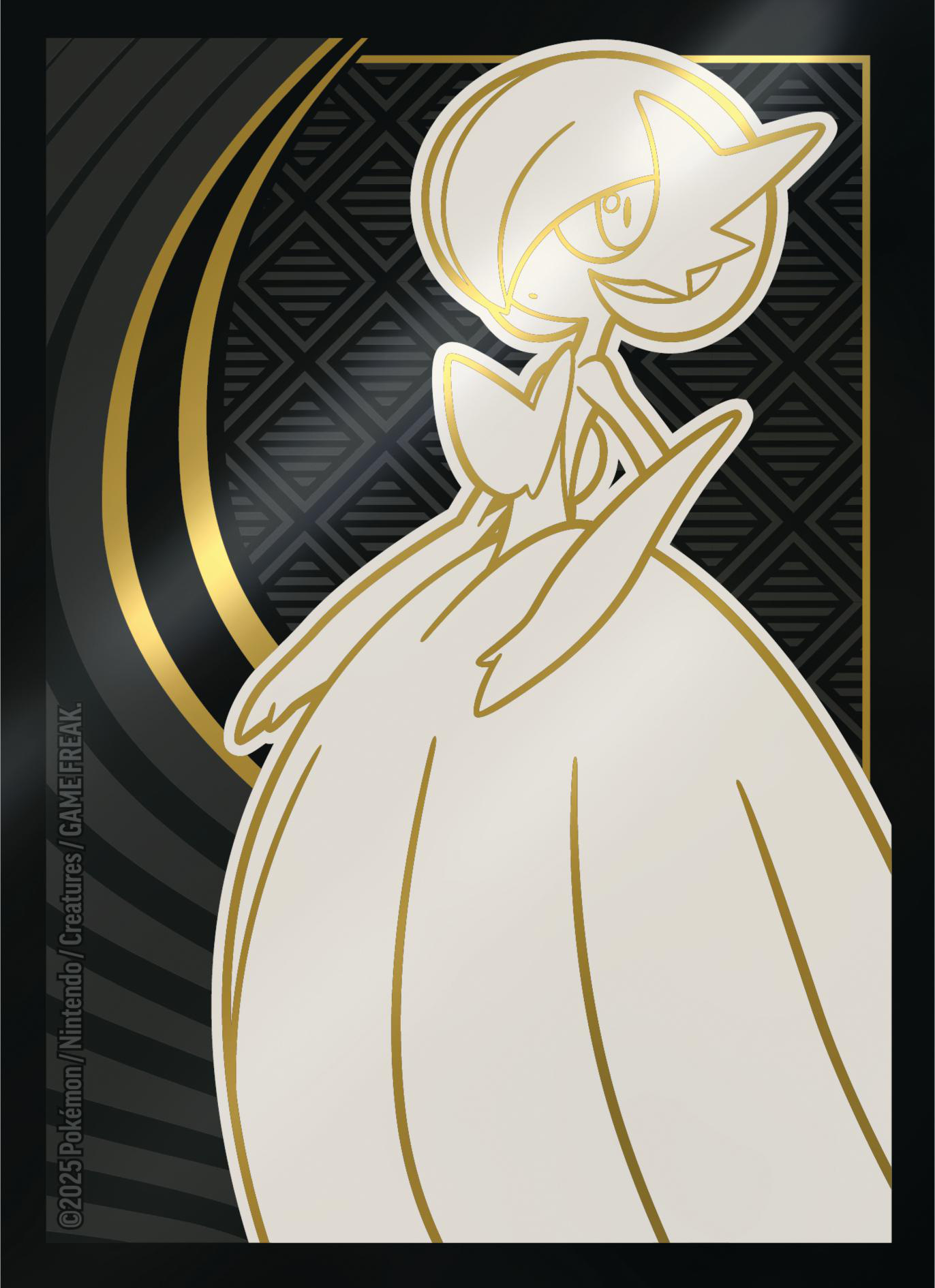 Ein weißes Gardevoir mit goldenen Umrissen vor einem schwarzen und gemusterten Hintergrund mit goldenen Bögen. Der Kunststil ist schlicht und modern.