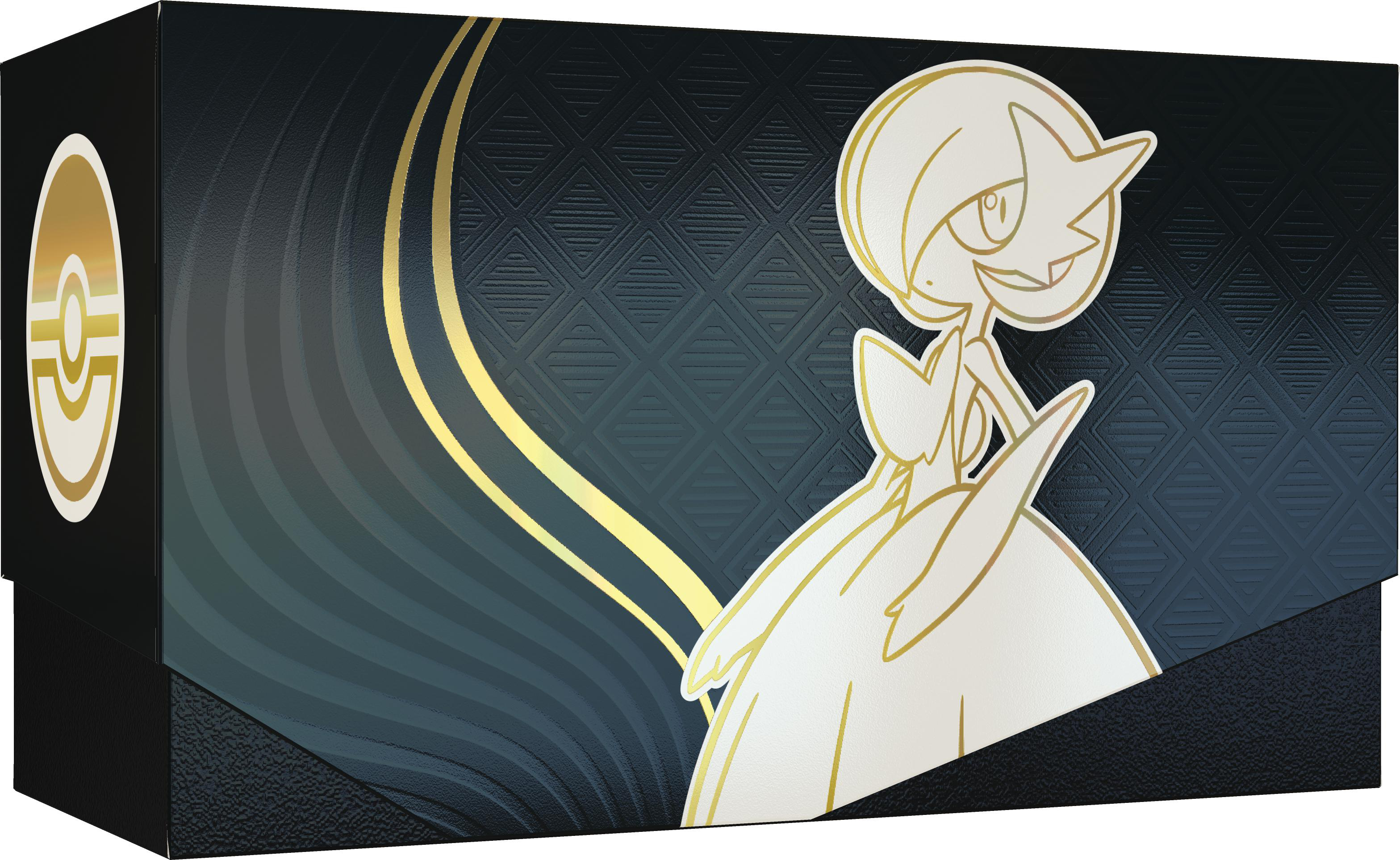 Eine schwarze Box mit einer weiß-goldenen Figur. Der Hintergrund ist dunkel mit einem Rautenmuster. Die Box hat ein goldenes Logo.