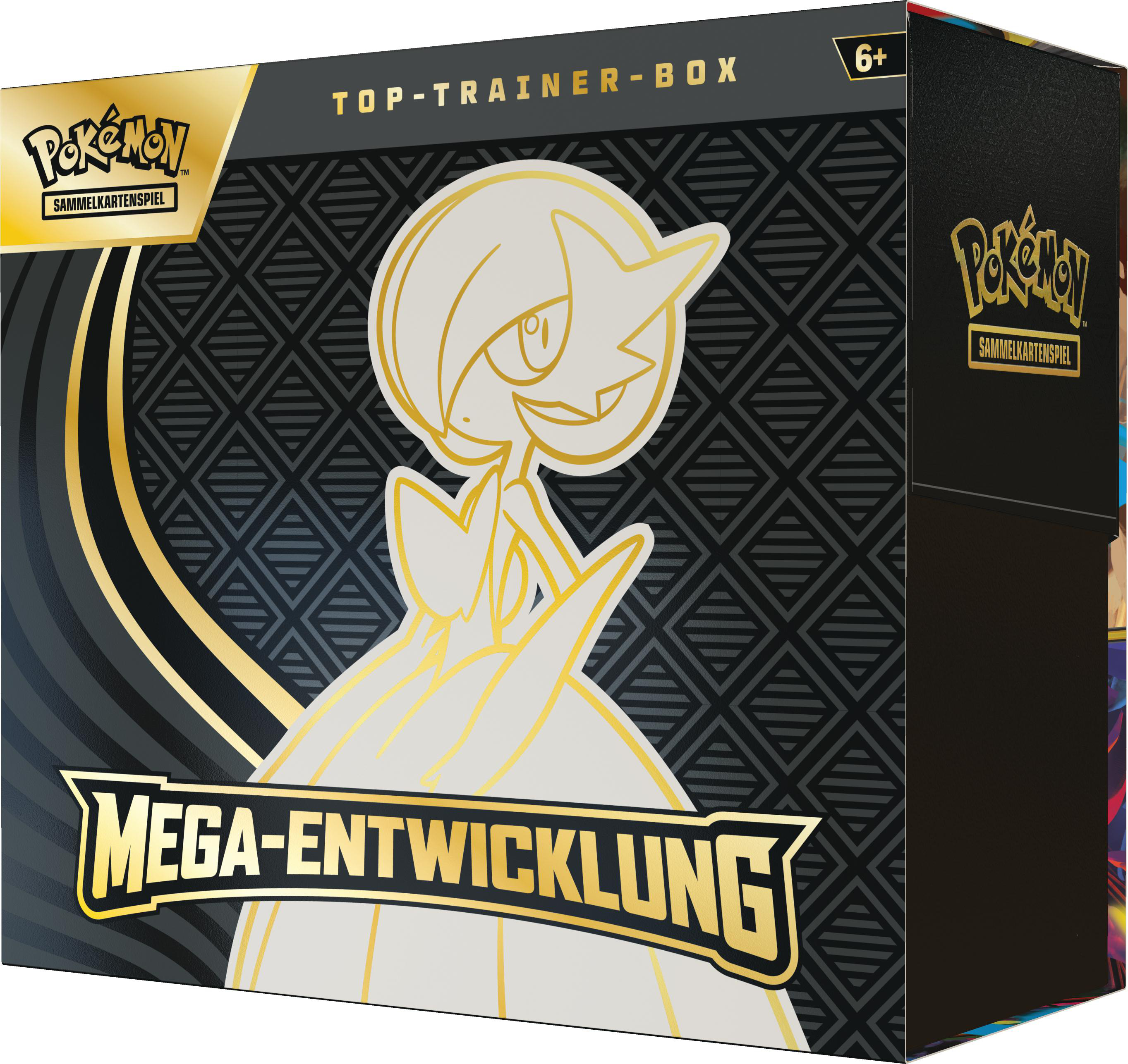 Eine Pokémon Top-Trainer-Box. Sie zeigt eine Gardevoir-Illustration und den Text "Mega-Entwicklung".