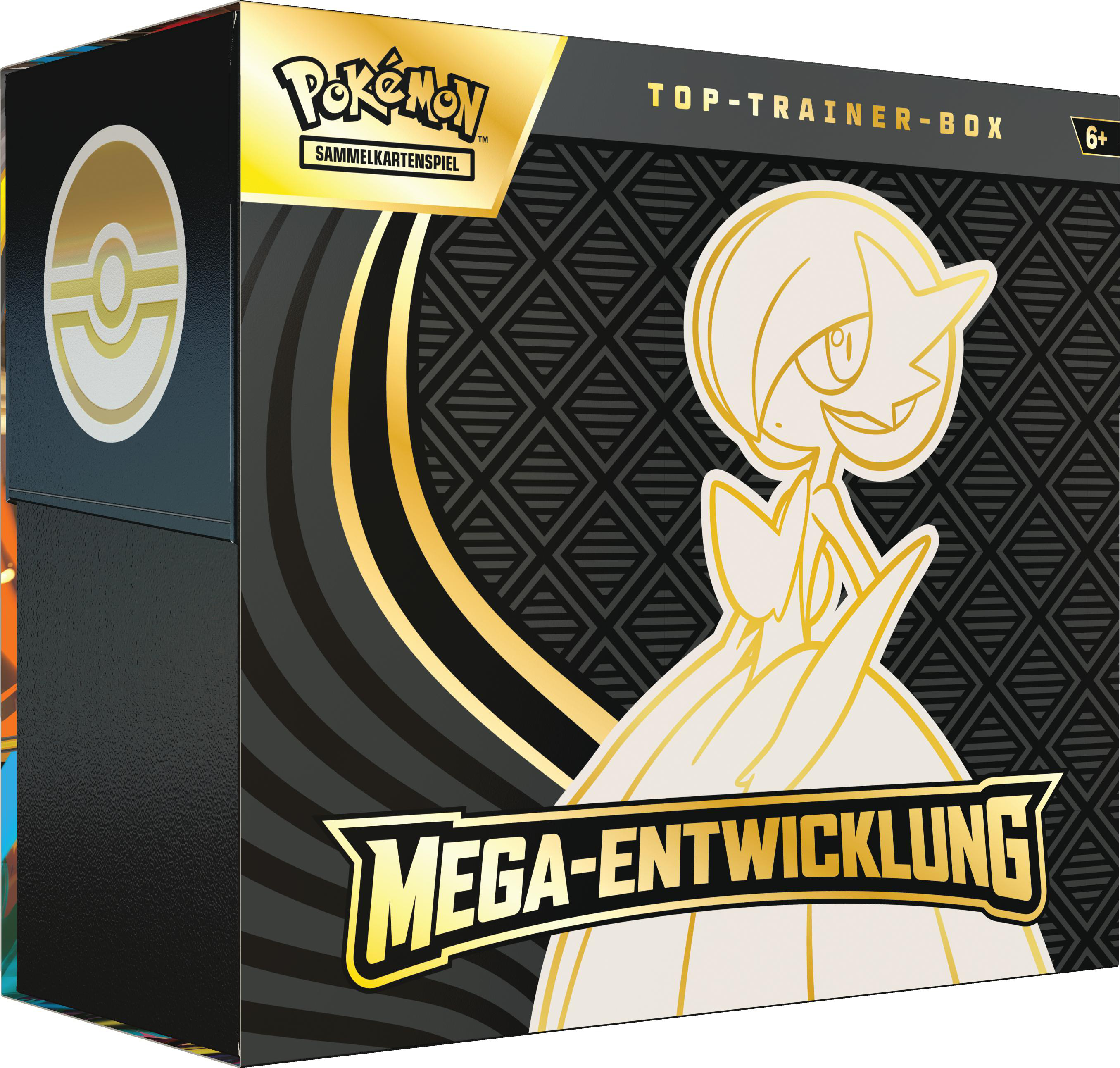 Eine Pokémon Top-Trainer-Box. Sie zeigt ein weißes und goldenes Gardevoir und die Worte 'MEGA-ENTWICKLUNG' auf schwarzem Hintergrund.