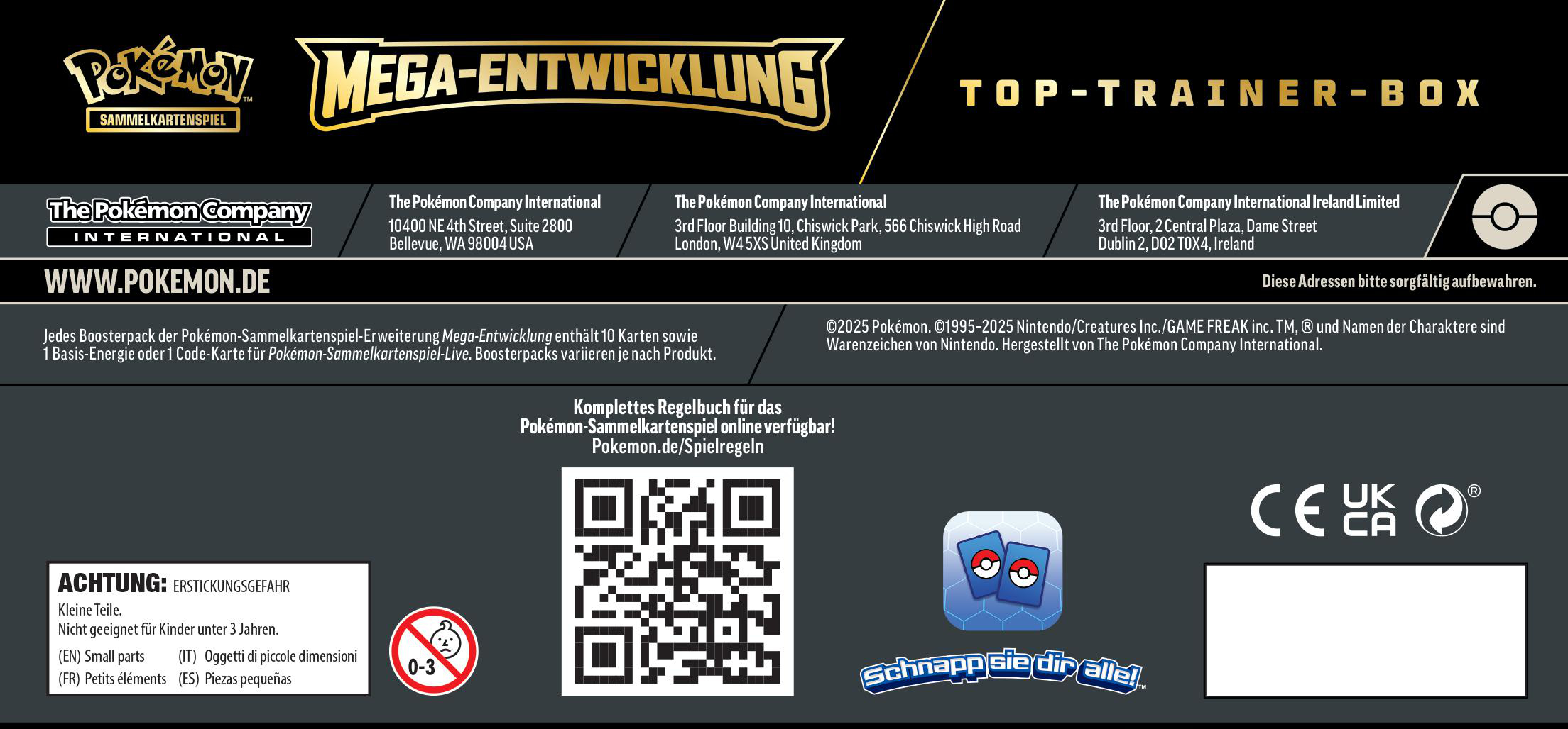 Box mit Pokemon-Branding. Enthält Text, Logos und Warnhinweise. Enthält QR-Code und Warnung vor Kleinteilen.