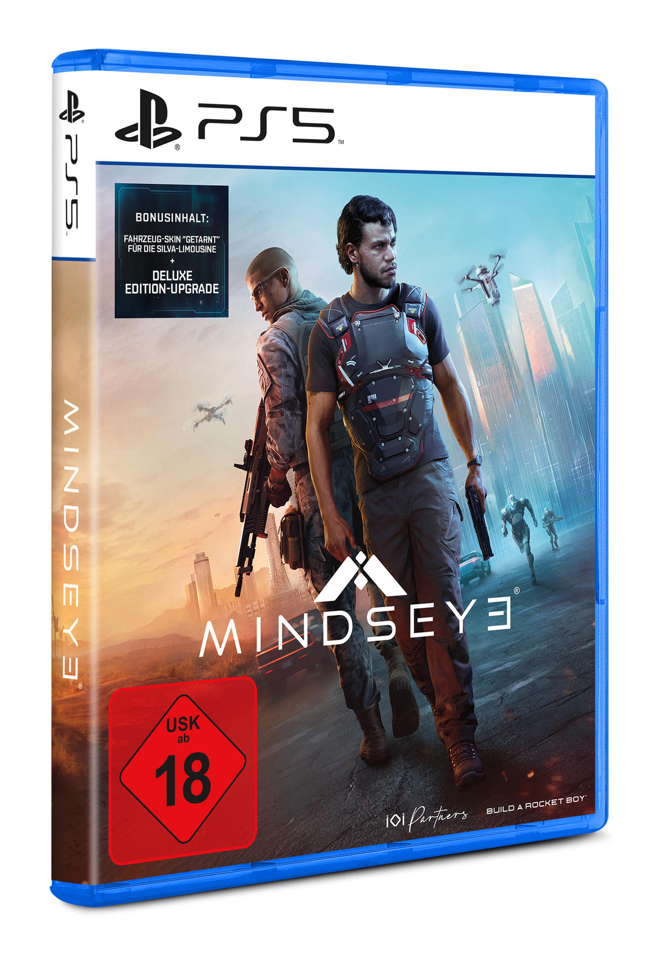 Spielcover für Mindseye 3. Zwei bewaffnete Männer in futuristischer Ausrüstung stehen vor einer Stadt. Das Spiel ist USK 18.