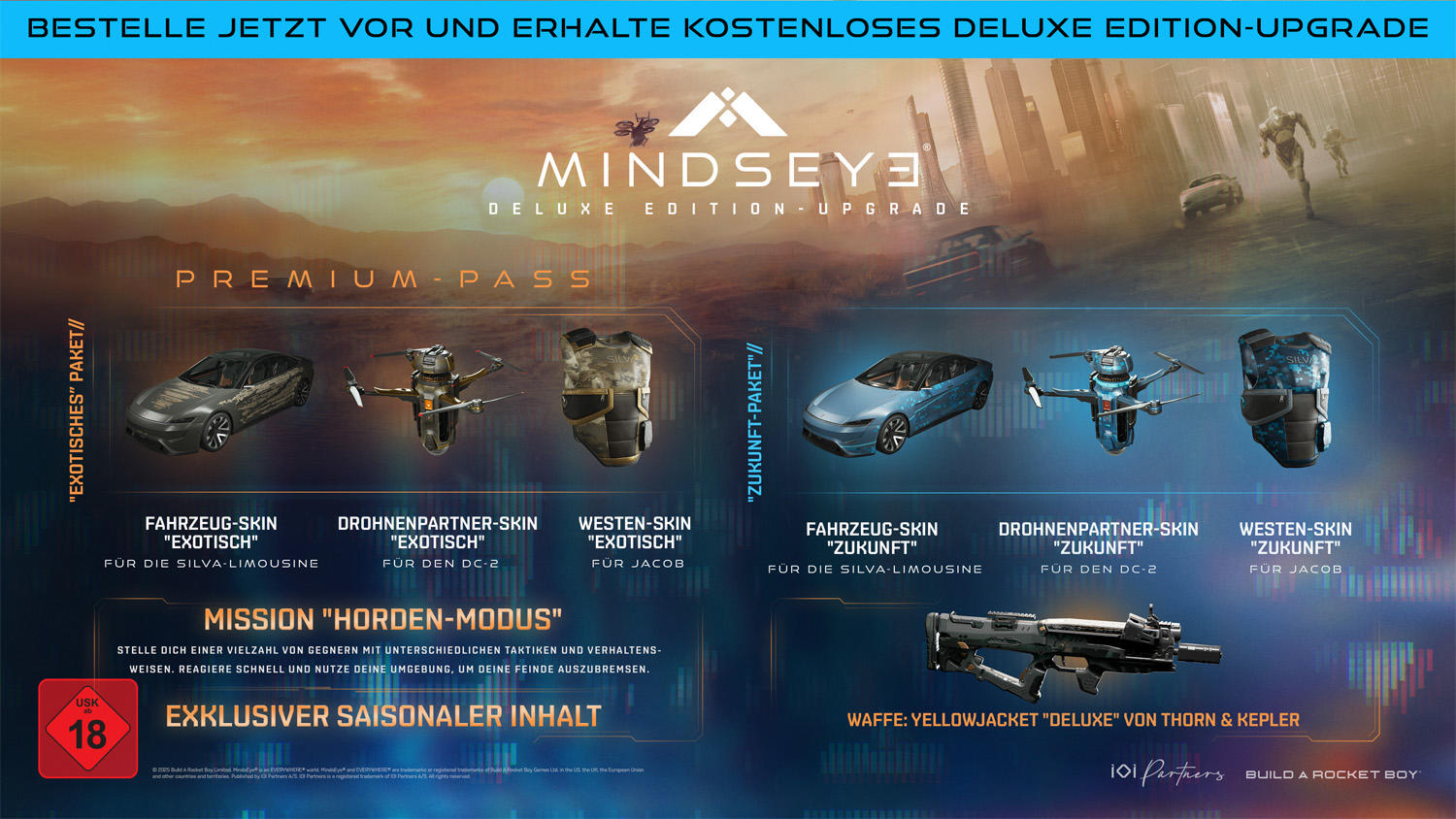 Spielwerbung mit Fahrzeugen, Drohnen und Rüstungshäuten. Text enthält „Deluxe Edition Upgrade“, Spieletitel und Infos.