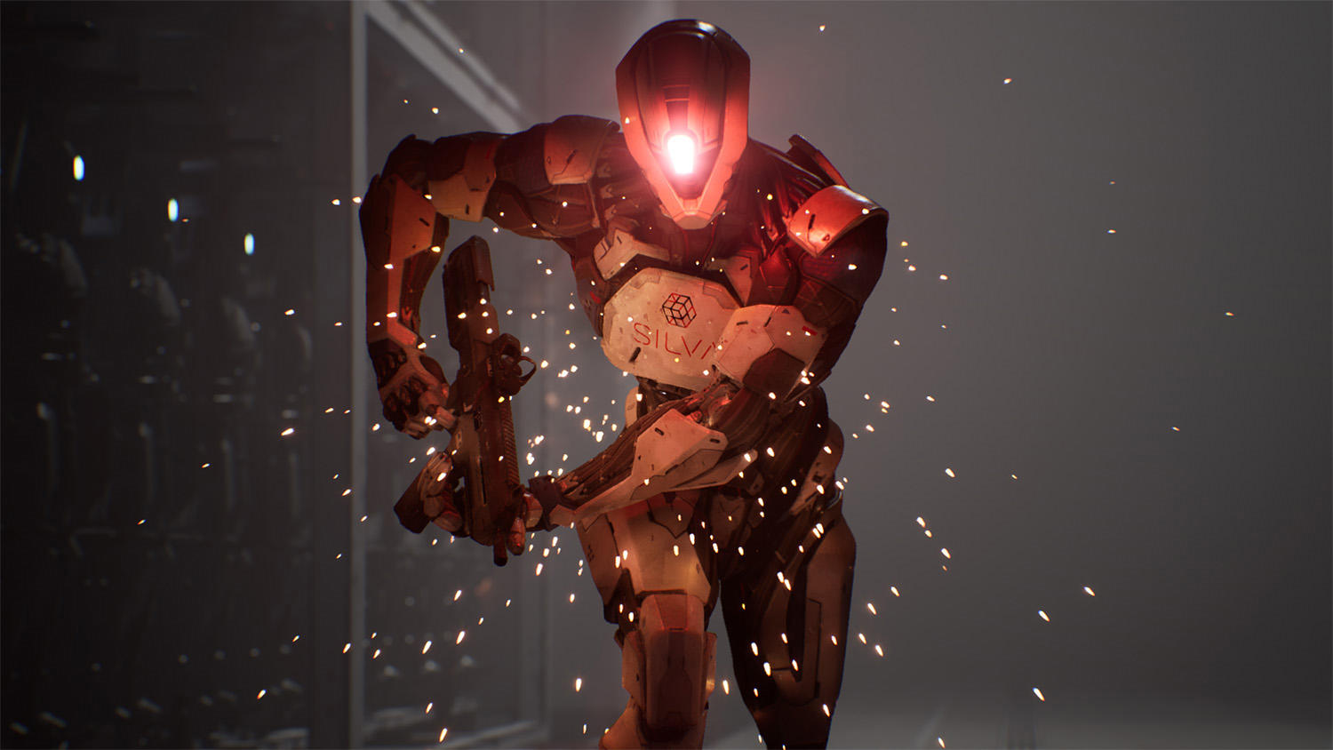 Ein futuristischer Roboter mit einem rot leuchtenden Kopf und Brustplatte mit 'SILVA' darauf, der eine Waffe hält, Funken fliegen herum.