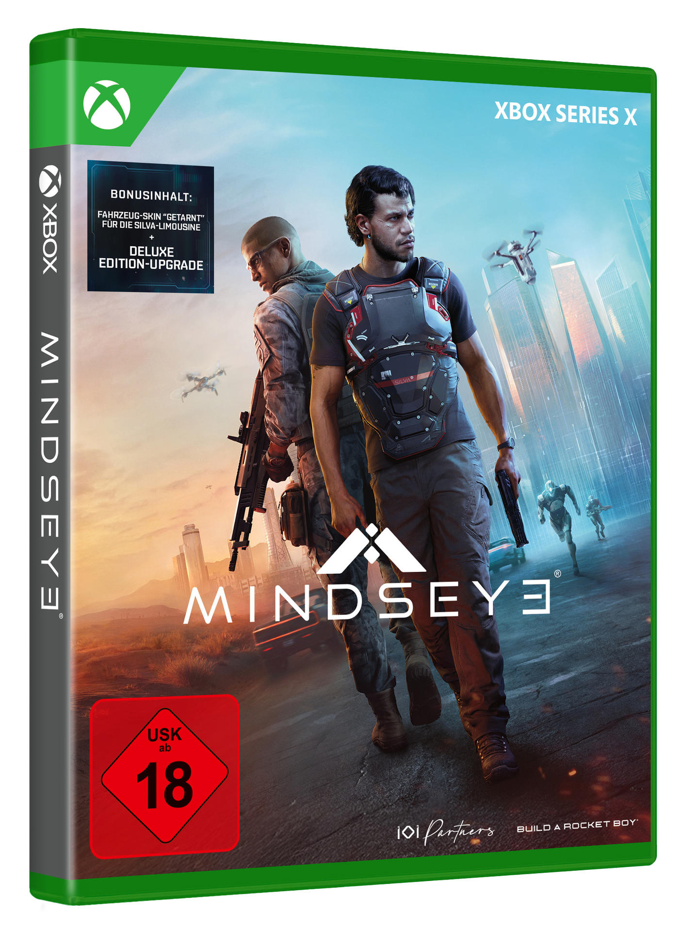 Xbox Series X Spielbox. Zwei Männer in taktischer Ausrüstung mit Waffen. Drohnen und futuristische Stadt im Hintergrund. Das Spiel ist Mindseye.